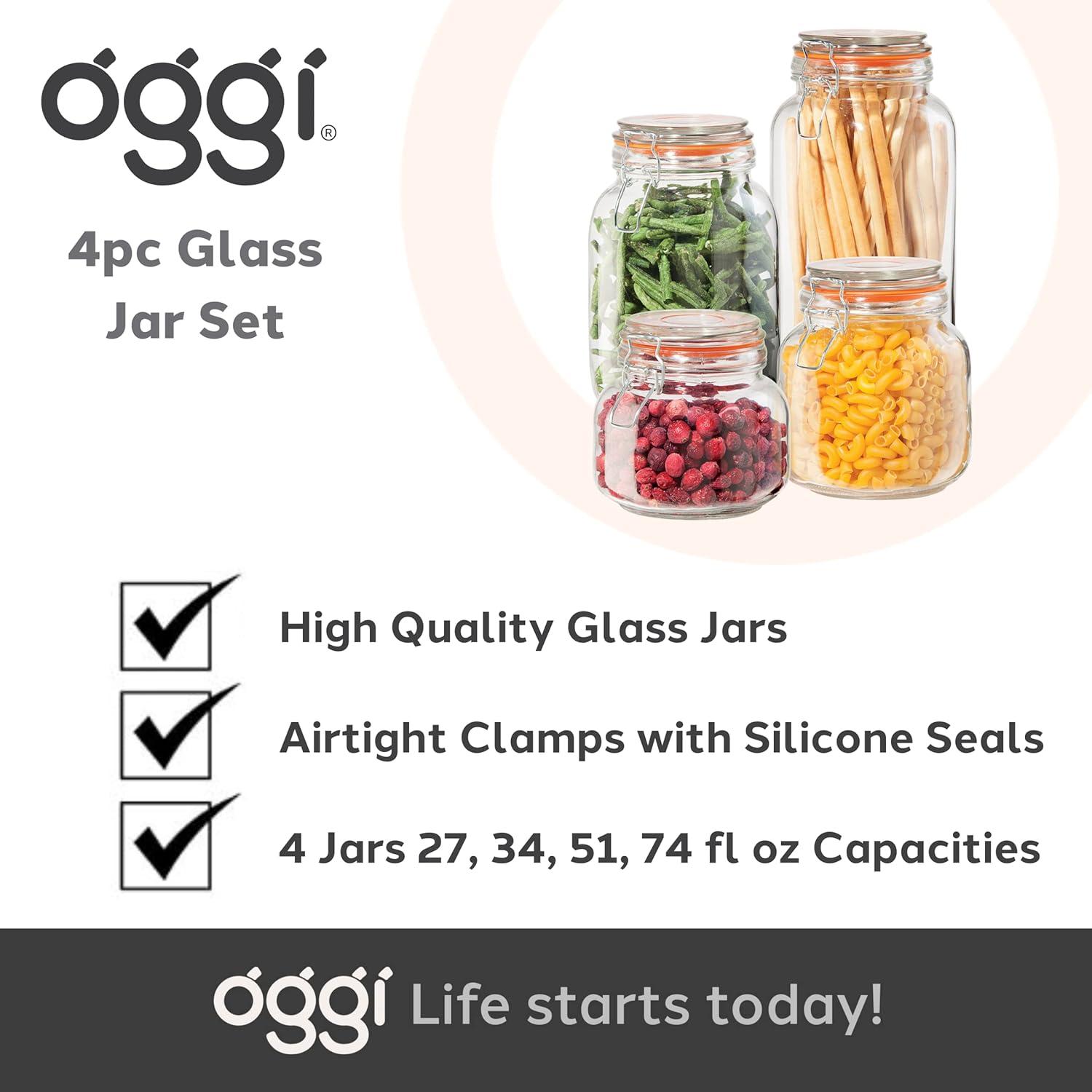 Oggi 4 Piece Airtight Glass Canister Set with Clamp Lids and Silicone Gaskets, Clear