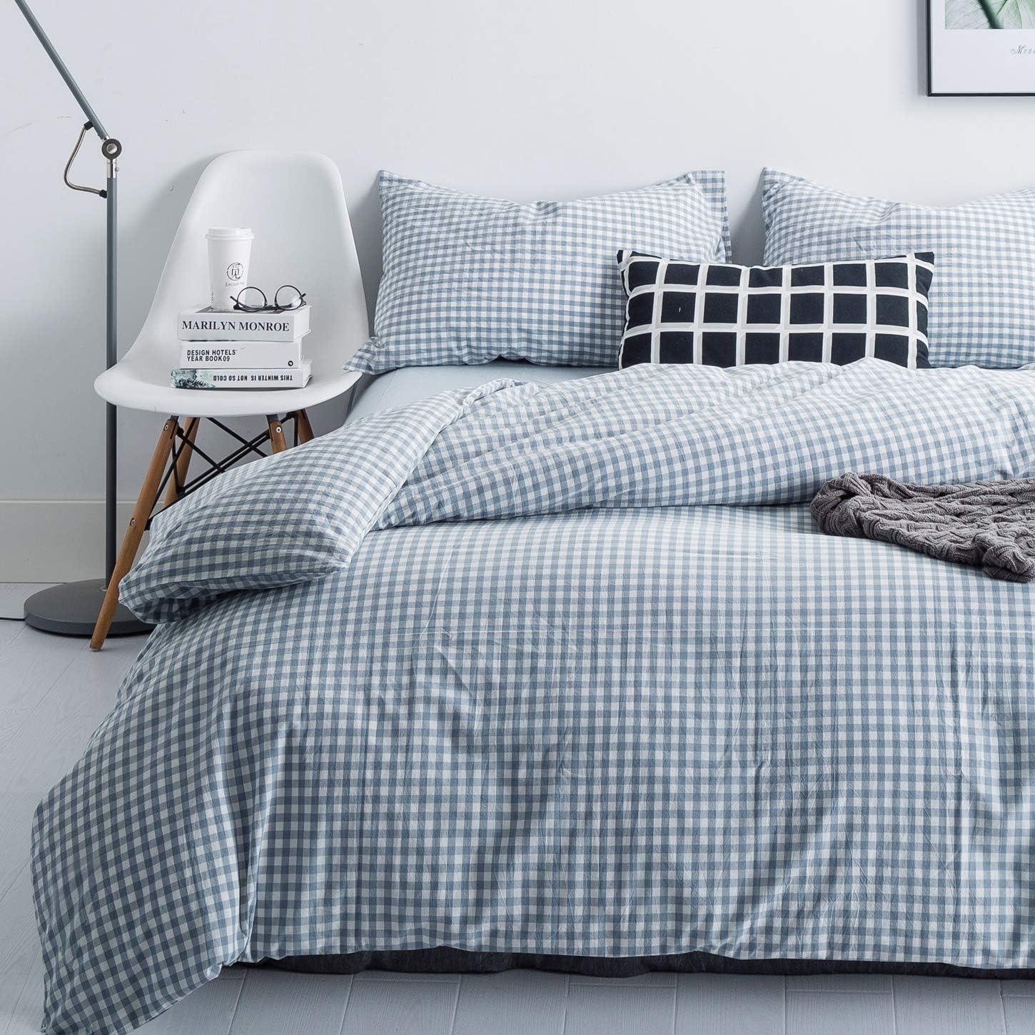 Light Blue Gingham Cotton Queen Duvet Cover Set