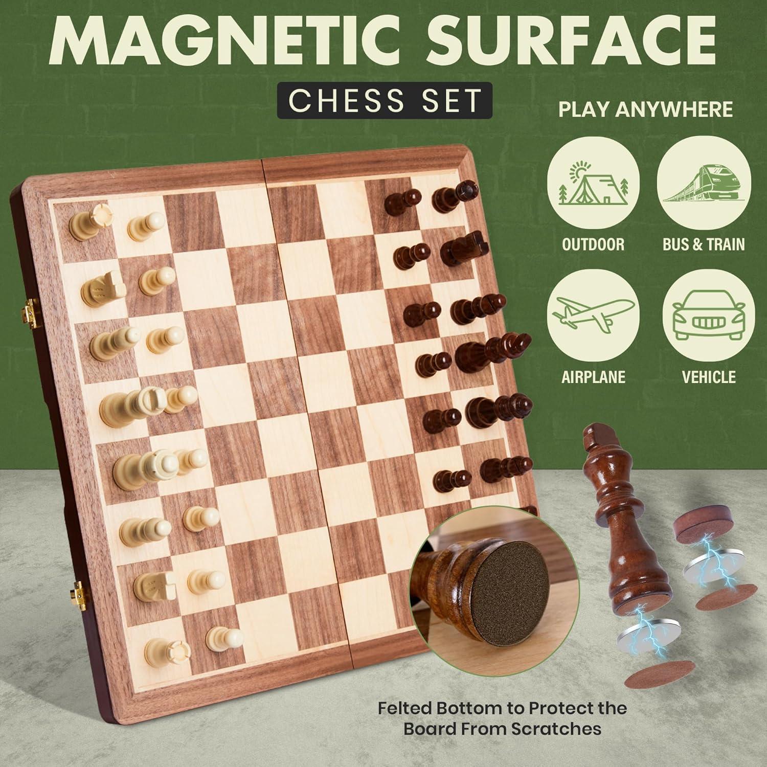 KiddiTouch 15 inch Magnetic Wooden Chess Set 2 in 1 Folding Chess Board Travel Chess Games for Adults and Kids