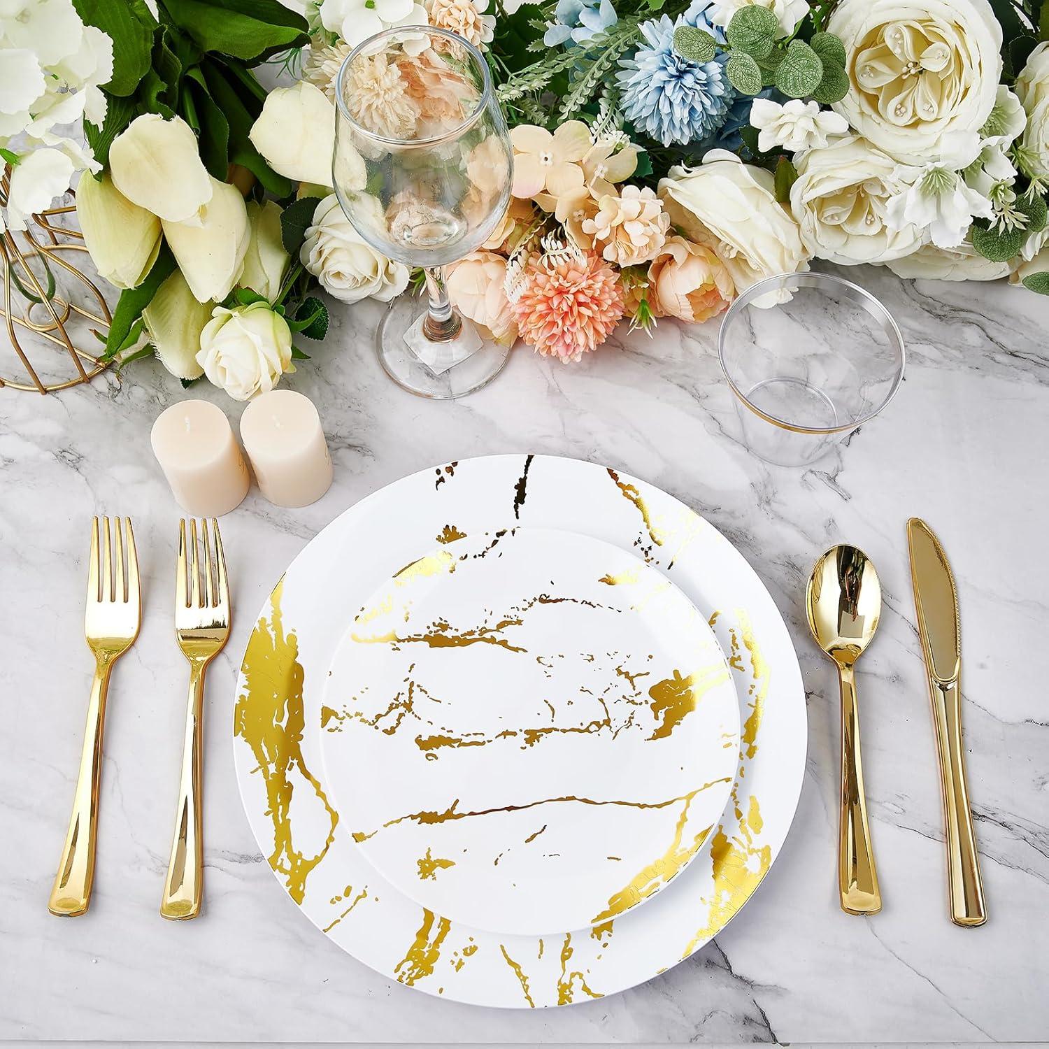 Luxurious White and Gold Marble Design Disposable Dinnerware Set for 30 Guests