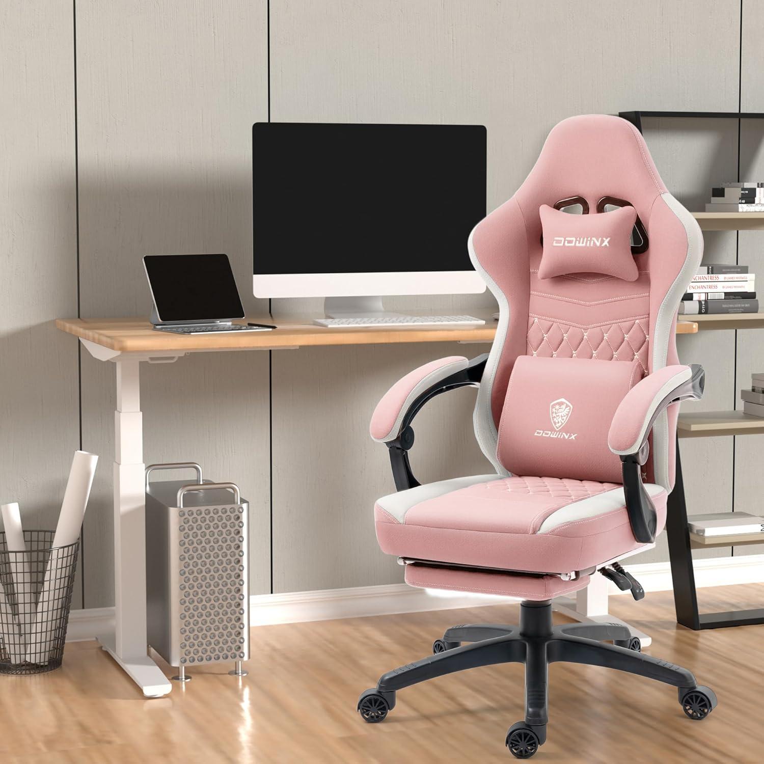 Dowinx Fabric Gaming Chair with Massage Lumbar Support, High Back Ergonomic Computer Chair with Footrest for Adult, Pink