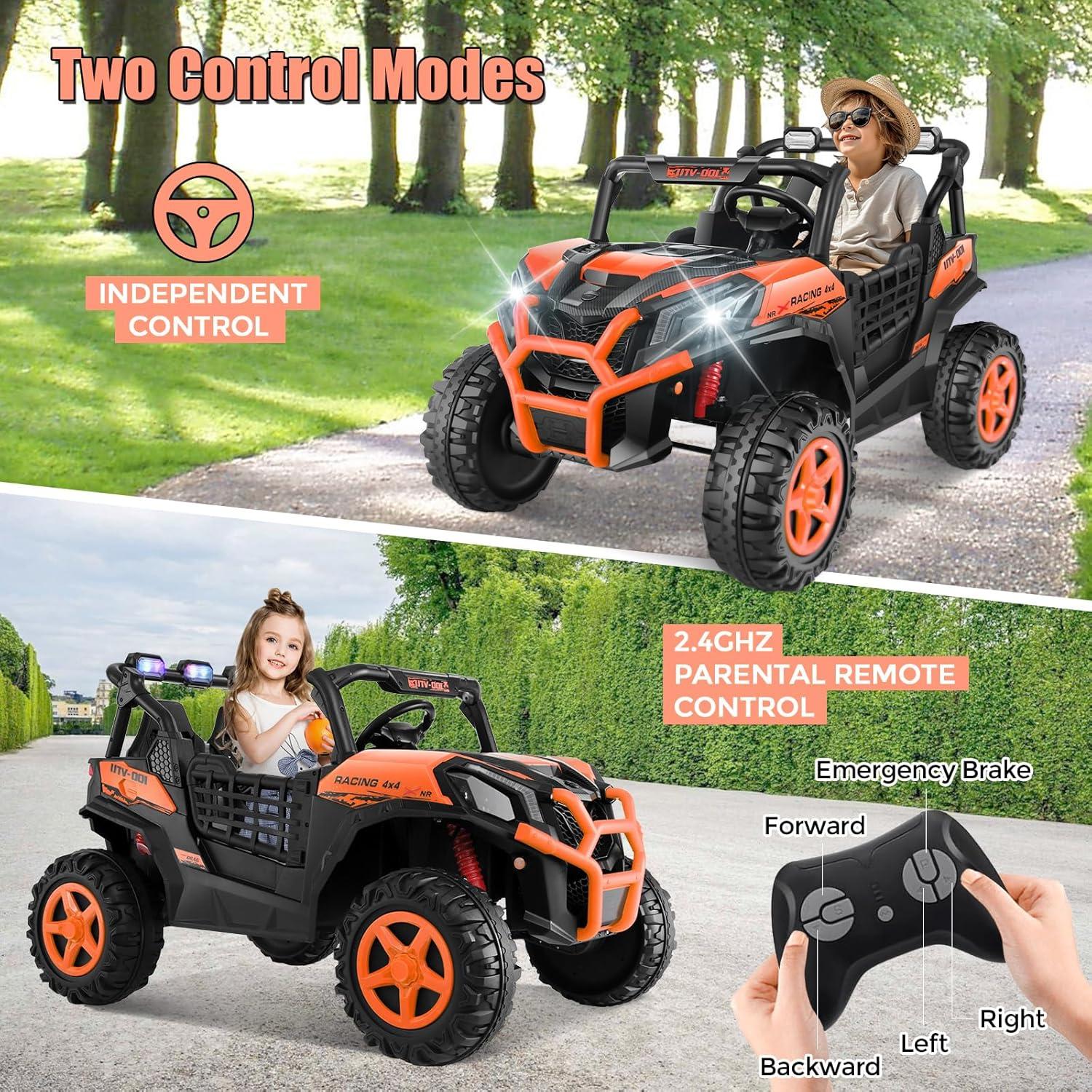 Ancheer 24v 2 Seater Ride on Car with Remote Control, 4WD/2WD Kids Power Electric Wheel UTV, 20" Spacious Seat, 4 Shock Absorbers, Music, Bluetooth, 24 Volt Ride On Toys for Boys/Girls
