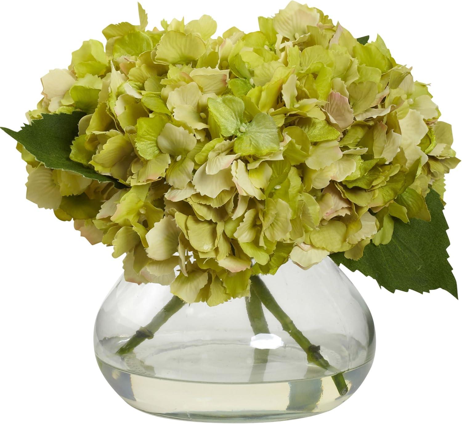 Classic Green Faux Hydrangea Tabletop Arrangement with Glass Vase