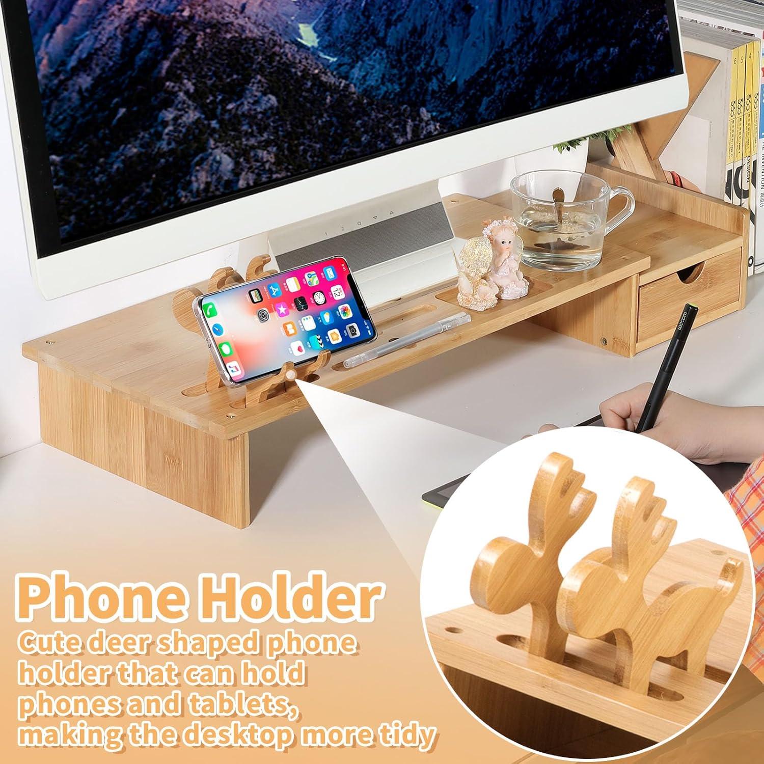 Adjustable Bamboo 2-Tier Monitor Stand with Drawers