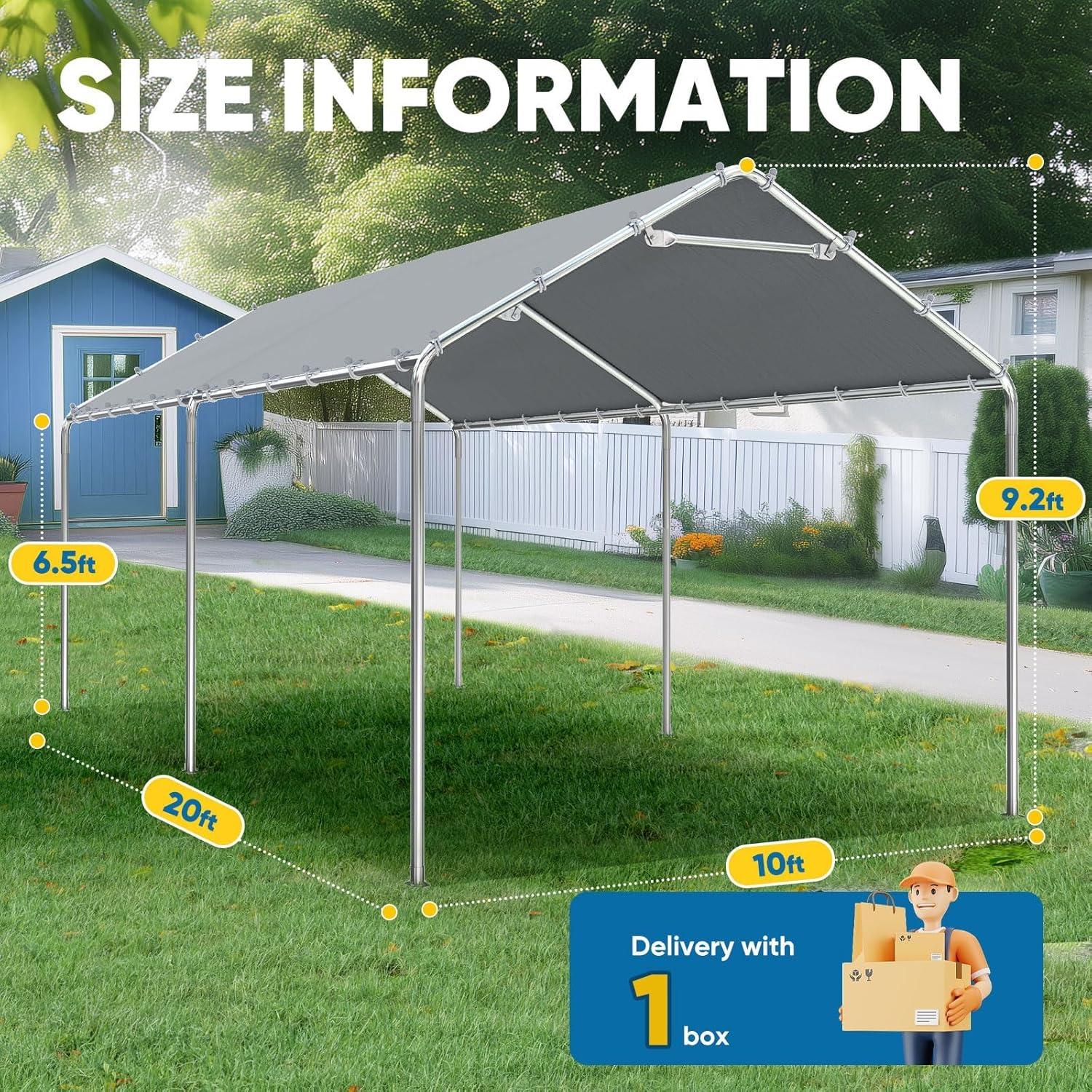 Quictent 10x20 ft Heavy Duty Carport Canopy Galvanized Car Tent Outdoor Garage Boat Shelter with Reinforced Structure, No Sidewall - Grey