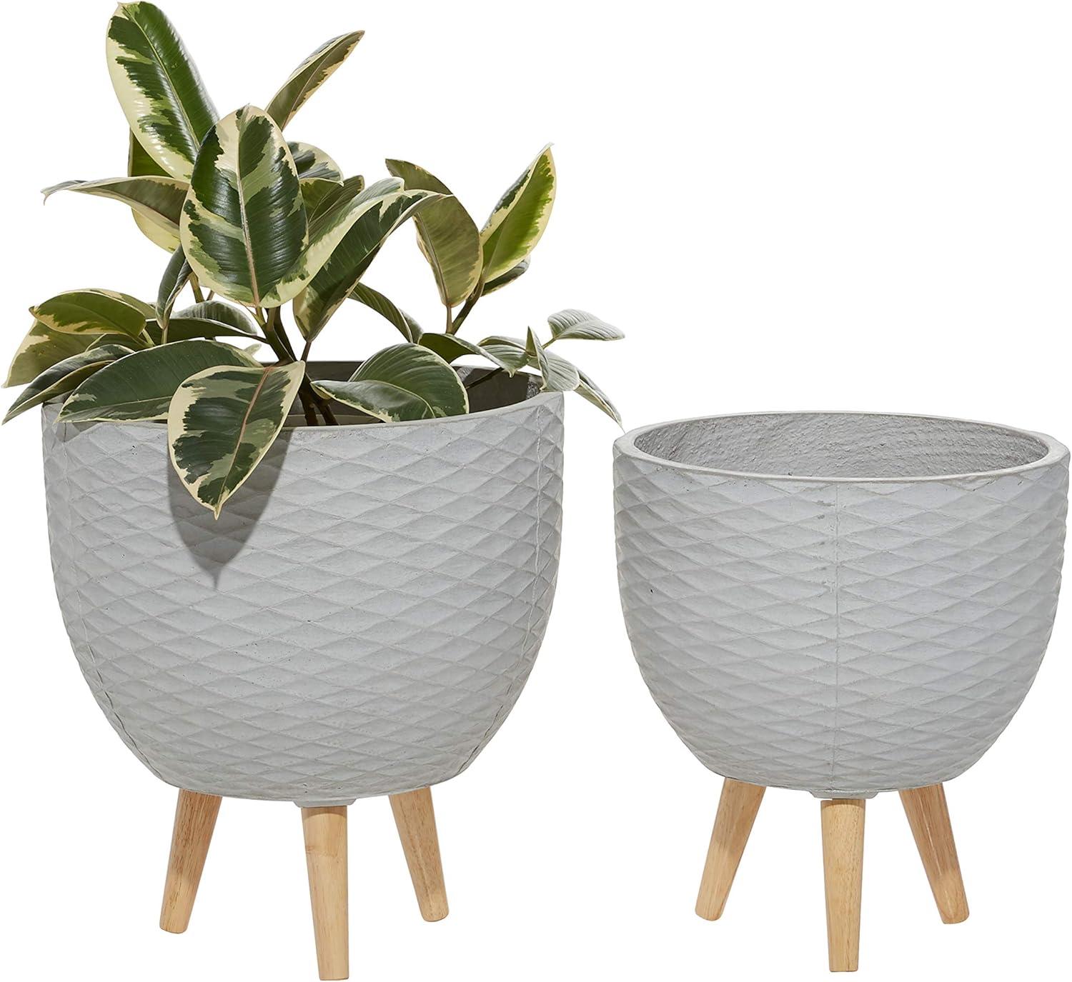 Gray Ceramic Indoor Outdoor Planters with Wooden Legs, Set of 2