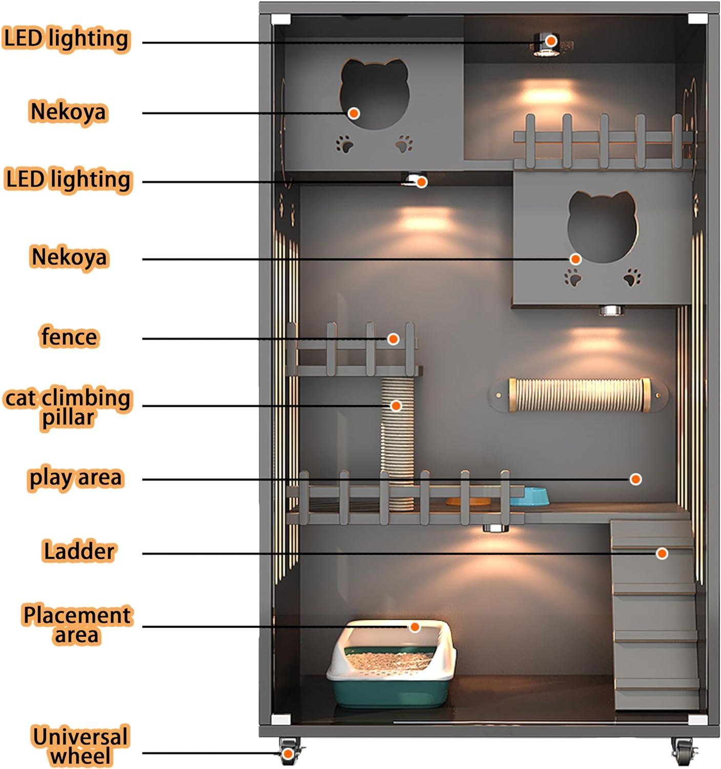 PAKASEPT Wooden Cat Villa, Large Cat Enclosure Indoor/Outdoor Enclosed Cat Houses with Ventilation, Glass Doors & Wheels for 2 Cats