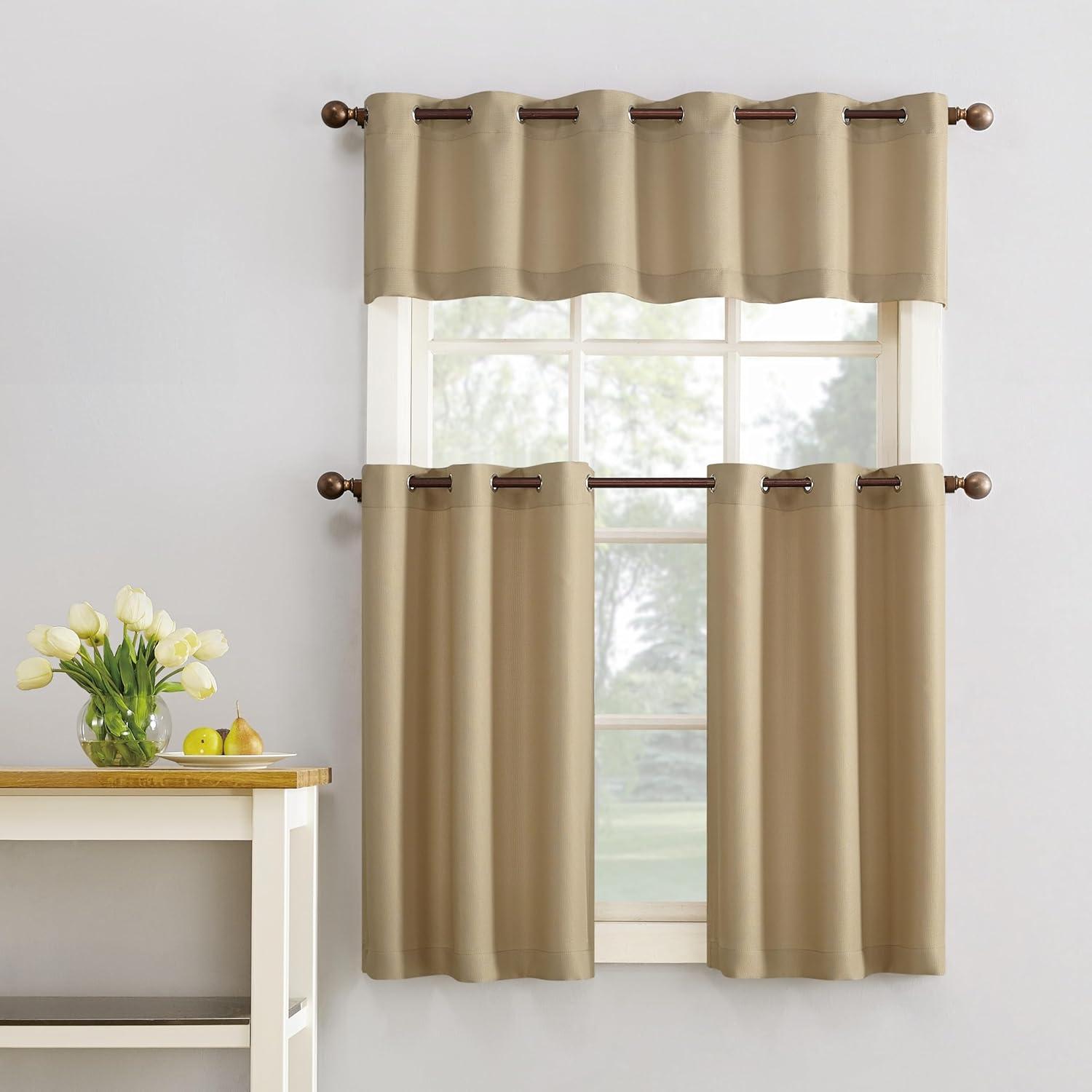 2pc 56"x24" No. 918 Semi-Sheer Montego Casual Textured Grommet Kitchen Curtain Tier Pair Taupe: 24 Inch Kitchen Window Curtains