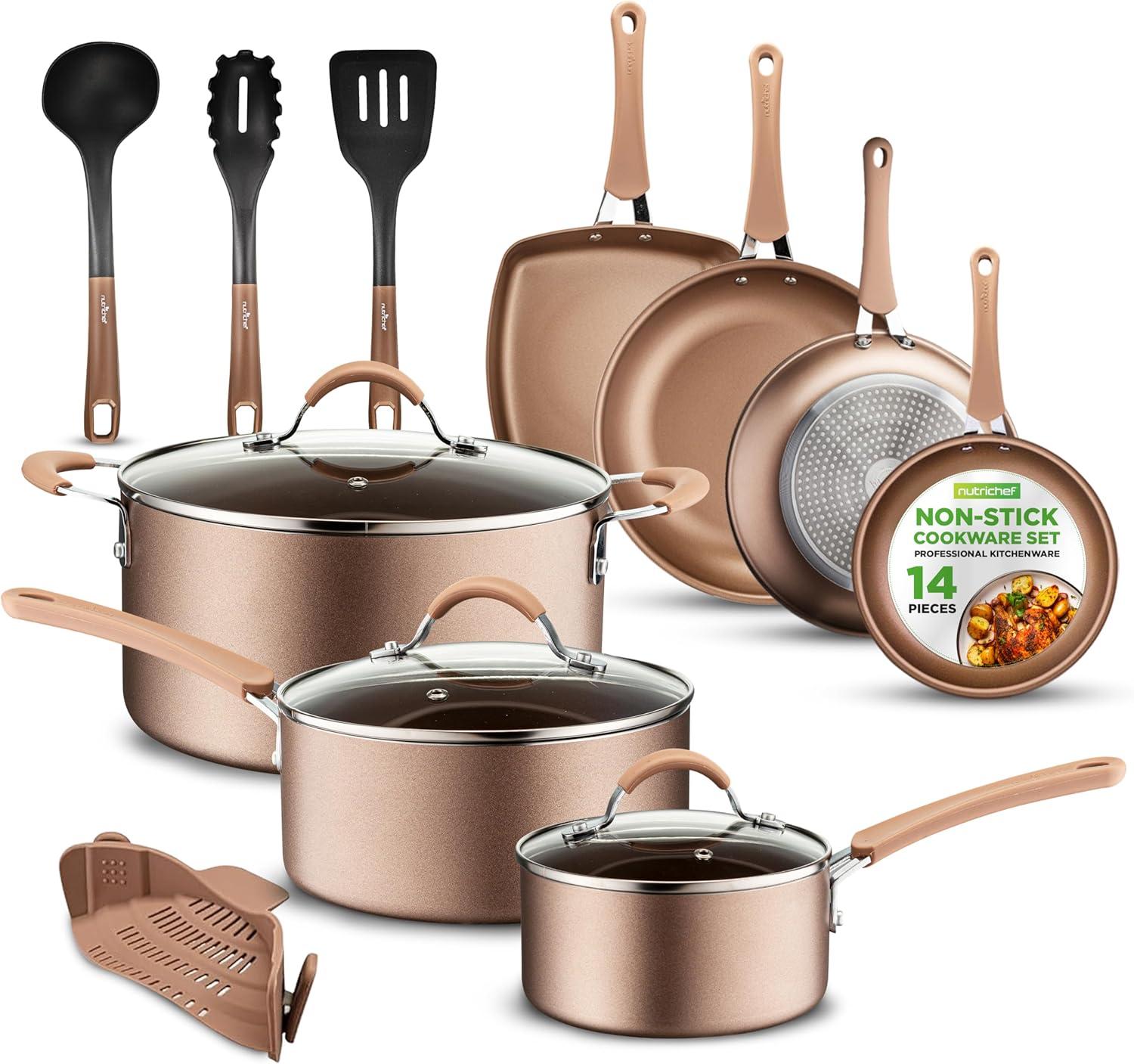 Open Box NutriChef Nonstick Cooking Cookware Pots and Pans, 14 Pc Set, Bronze