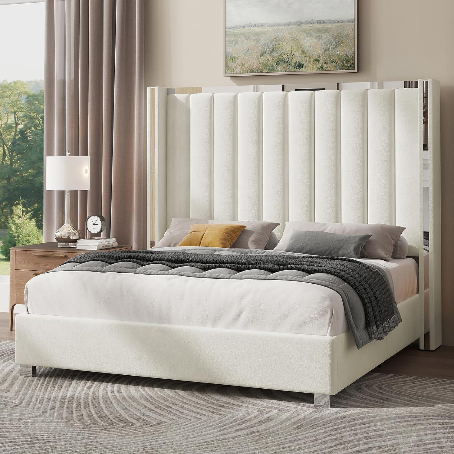 Merluxy Queen Bed Frame with 58" Tall Headboard,Silver Plating Trim,Velvet Upholstered,Cream