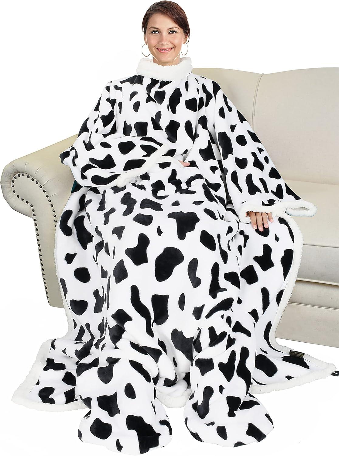 Catalonia Cow Print Sherpa Wearable Blanket with Sleeves and Foot Pockets