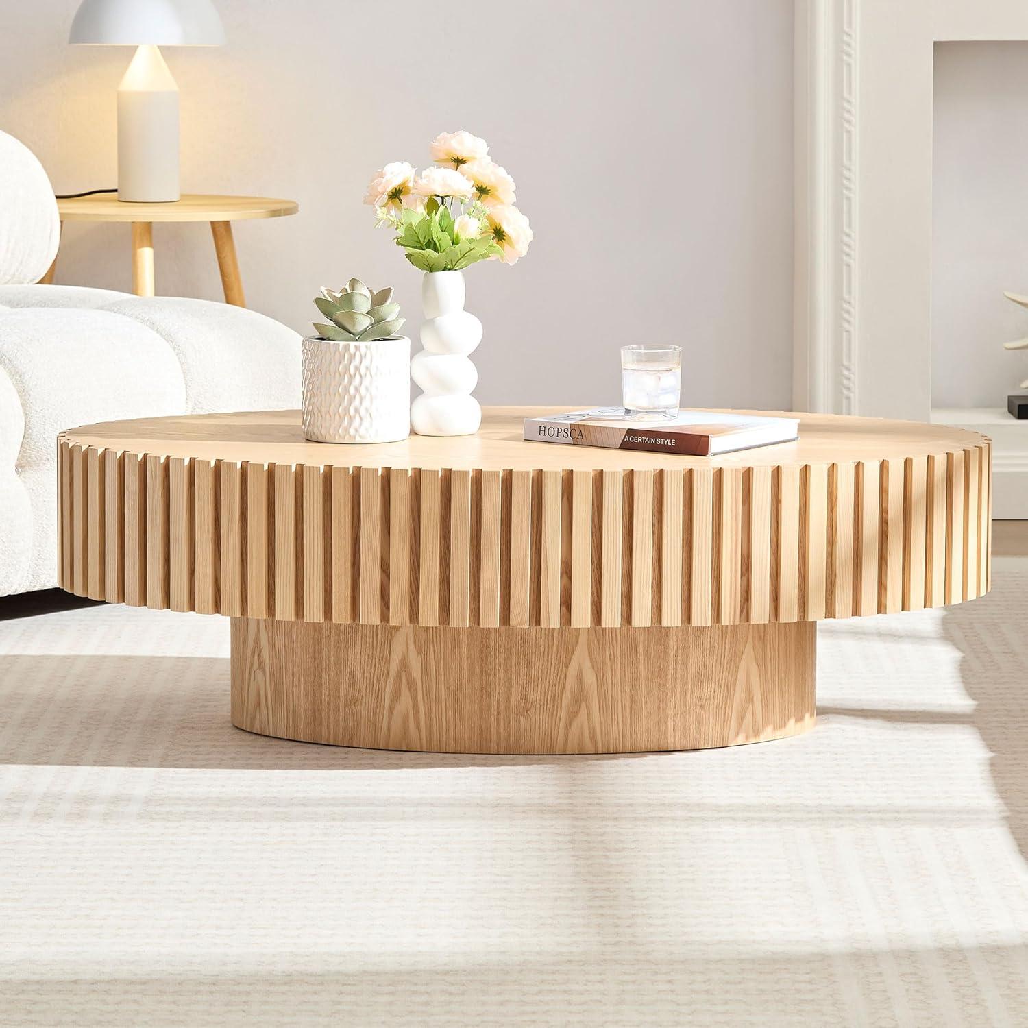 Oak Fluted Oval Coffee Table with Pedestal Base