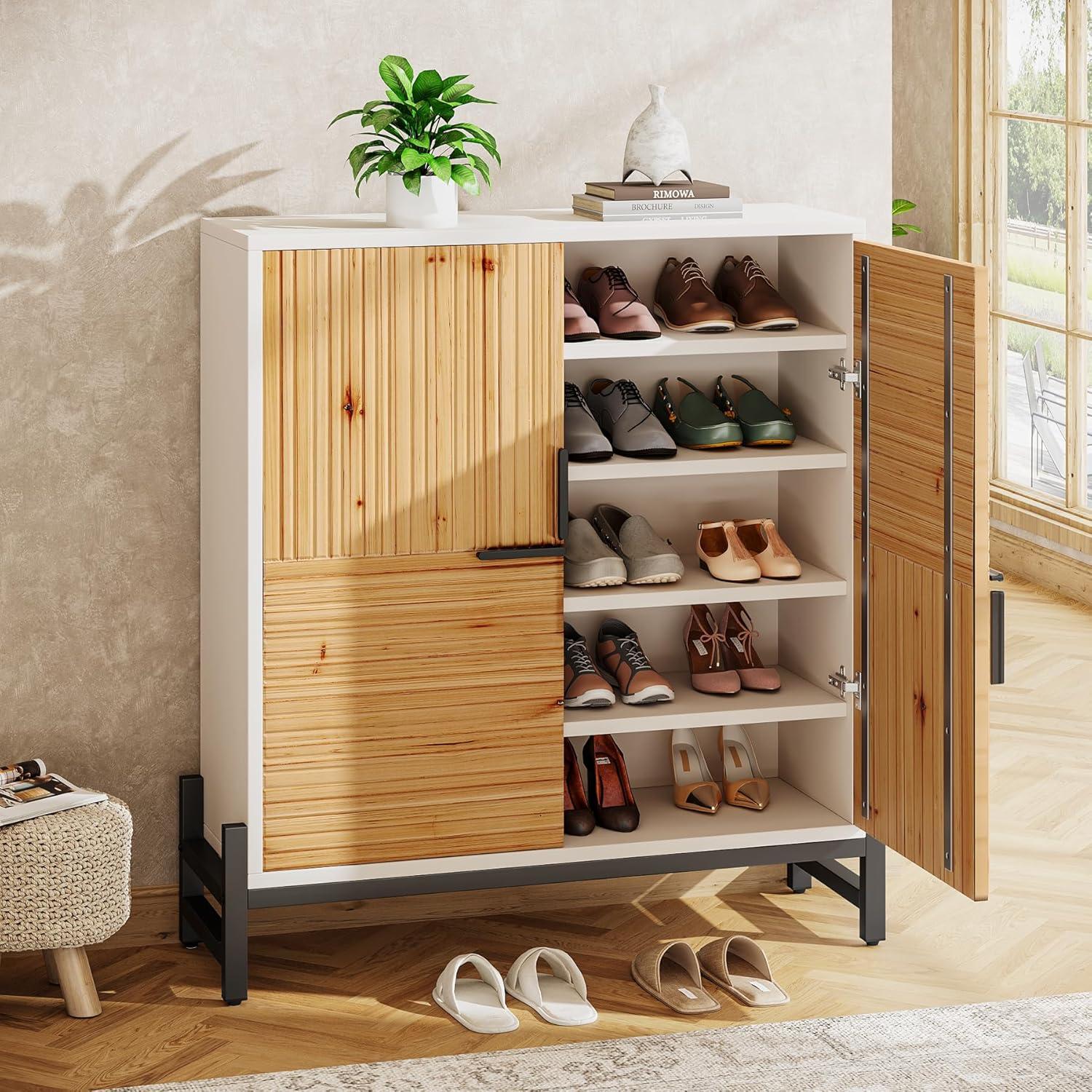 Vintage Natural Wood 5-Tier Shoe Storage Cabinet with Doors