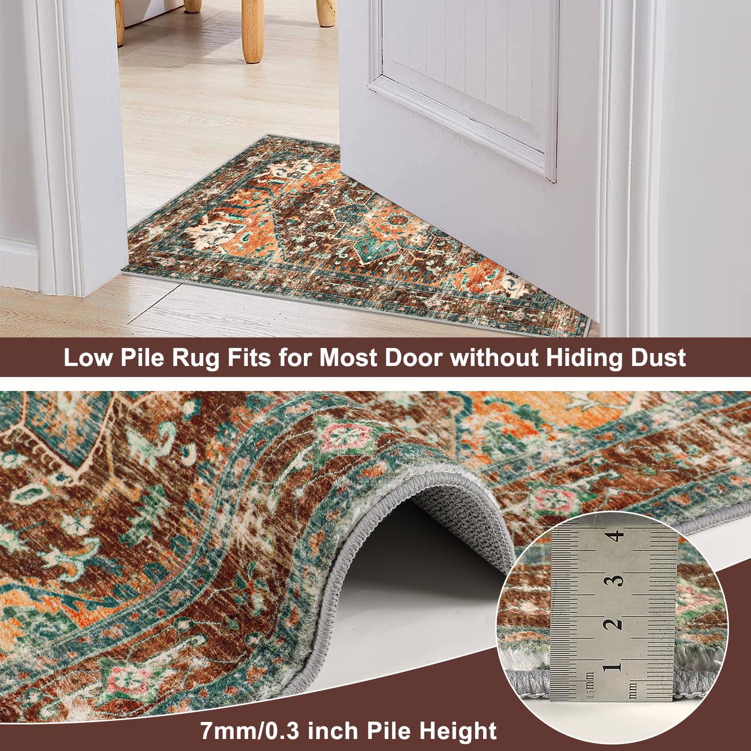 Washable Runner Rug, 2'3" x 14' Non-Slip Boho Vintage Hallway Rug Runner with Rubber Backing, Stain Resistant & Low Pile Faux Wool Distressed Carpet Runner for Bedroom, Kitchen, Laundry, Entrance