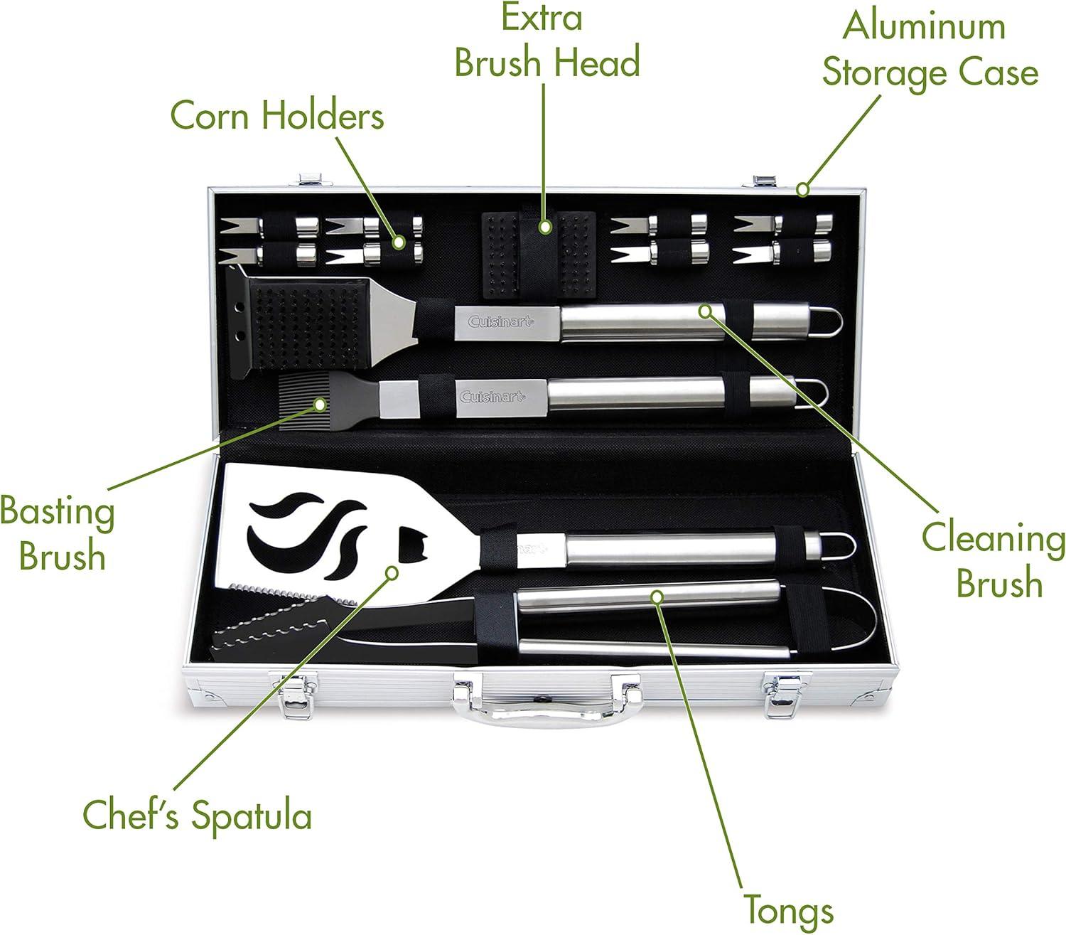 Cuisinart 14 Piece Deluxe Grilling Tool Set with Aluminum Case model CGS-5014 includes: Spatula; Tongs; Basting Brush; Cleaning Brush; 1 - Extra Brush Head, Corn-on-the-Cob Holders, & aluminum case.