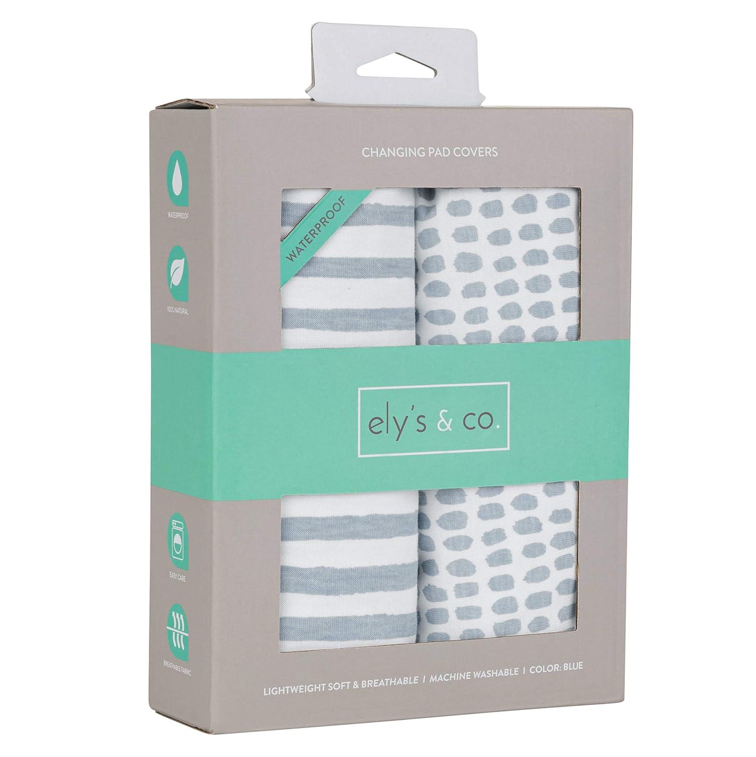 Ely's & Co. Baby Waterproof Changing Pad Cover - Cradle Sheet  100% Combed Jersey Cotton Misty Blue Splash & Stripes 2 Pack