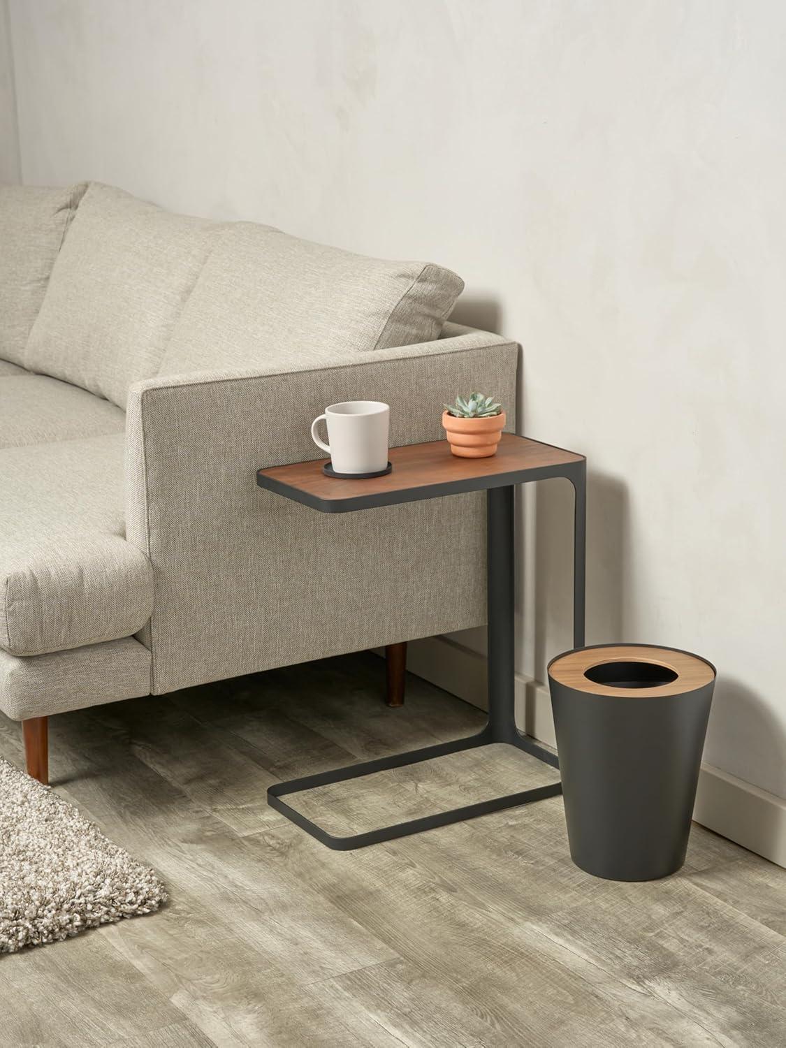 Rin Yamazaki Home Round Trash Can, 1.85 gallon Wastebasket Bathroom Kitchen Office, Steel + Wood