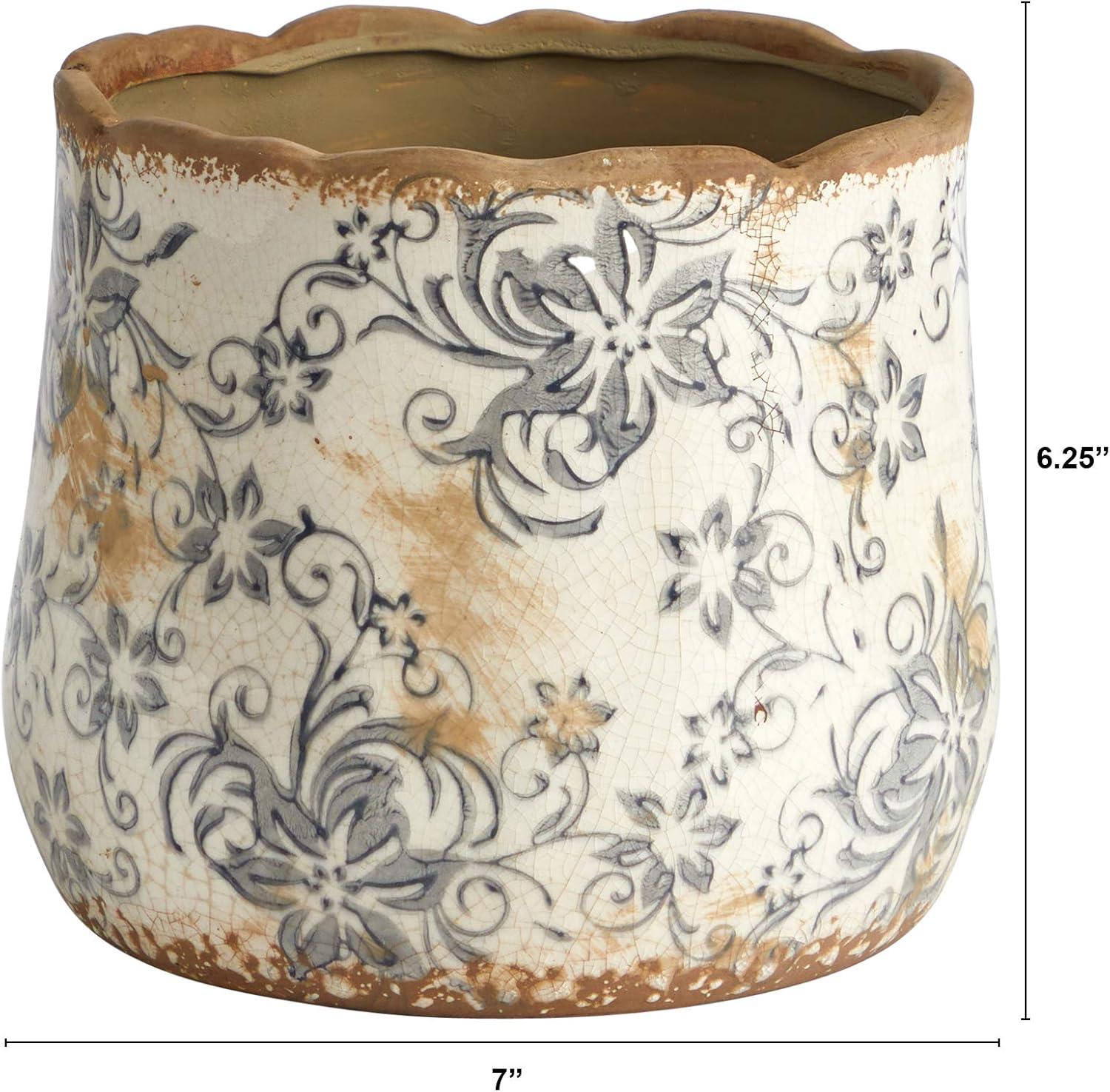 HomeStock 7In. Baroque Bliss Ceramic Gray Scroll Planter