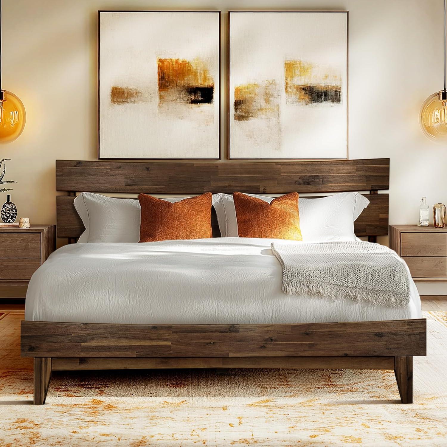 Acacia Aurora Premium Solid Wood Platform Bed Frame and High Headboard, King Bed Frame with Headboard Included, Mid Century Modern Bed with 5 years Warranty