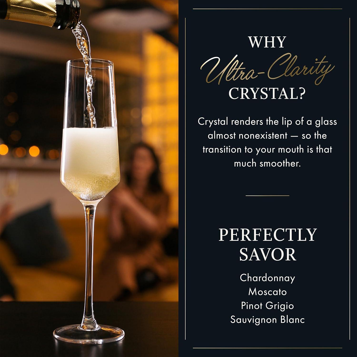 Elixir Glassware Elegant Hand-Blown Crystal Champagne Flutes - Set of 2, Lead-Free Premium Crystal - Ideal for Wedding, Anniversary, Christmas Celebrations - 8oz, Clear