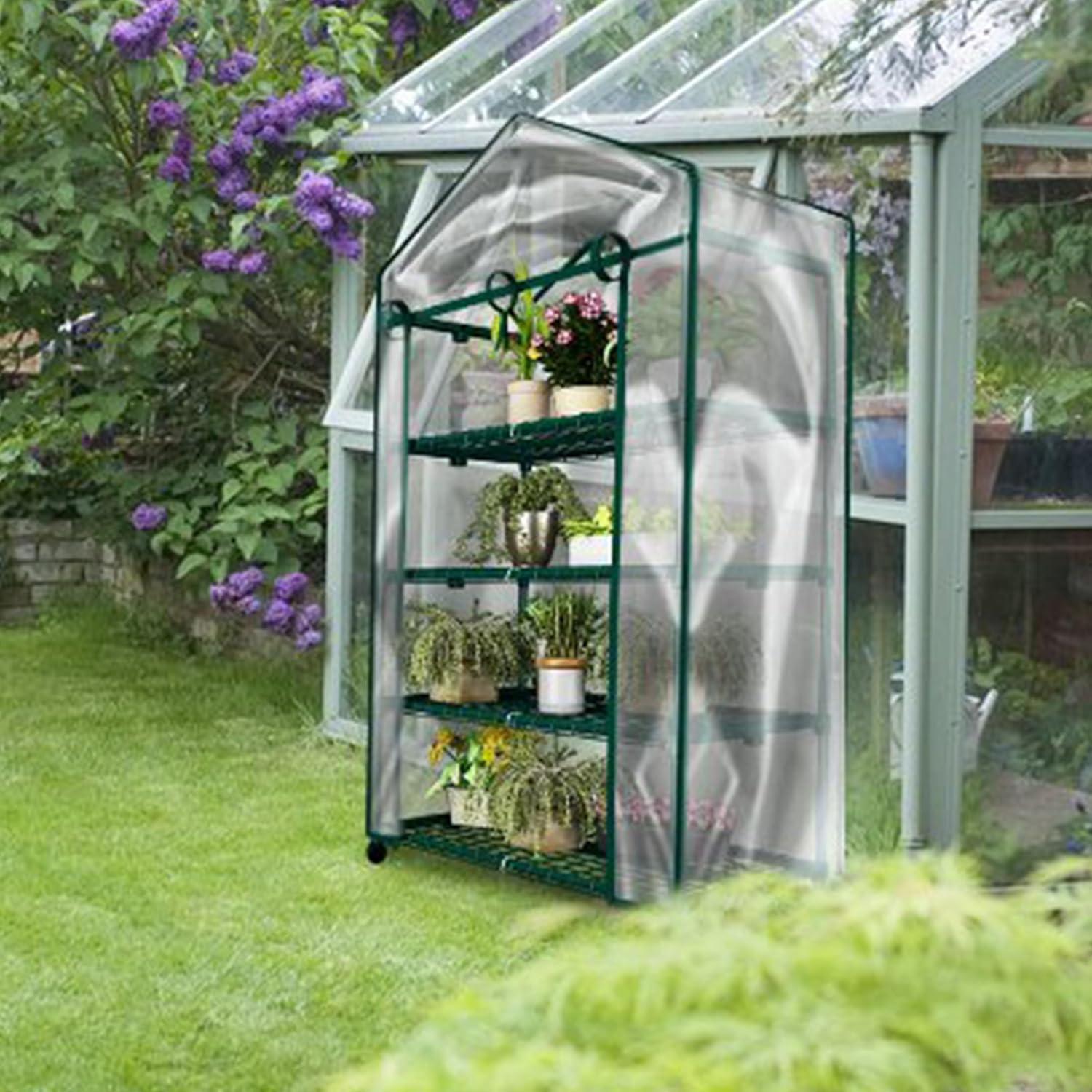 Pure Garden 4-Tier Greenhouse with Wheels – Indoor/Outdoor Plant Stand with PVC Cover & Shelves