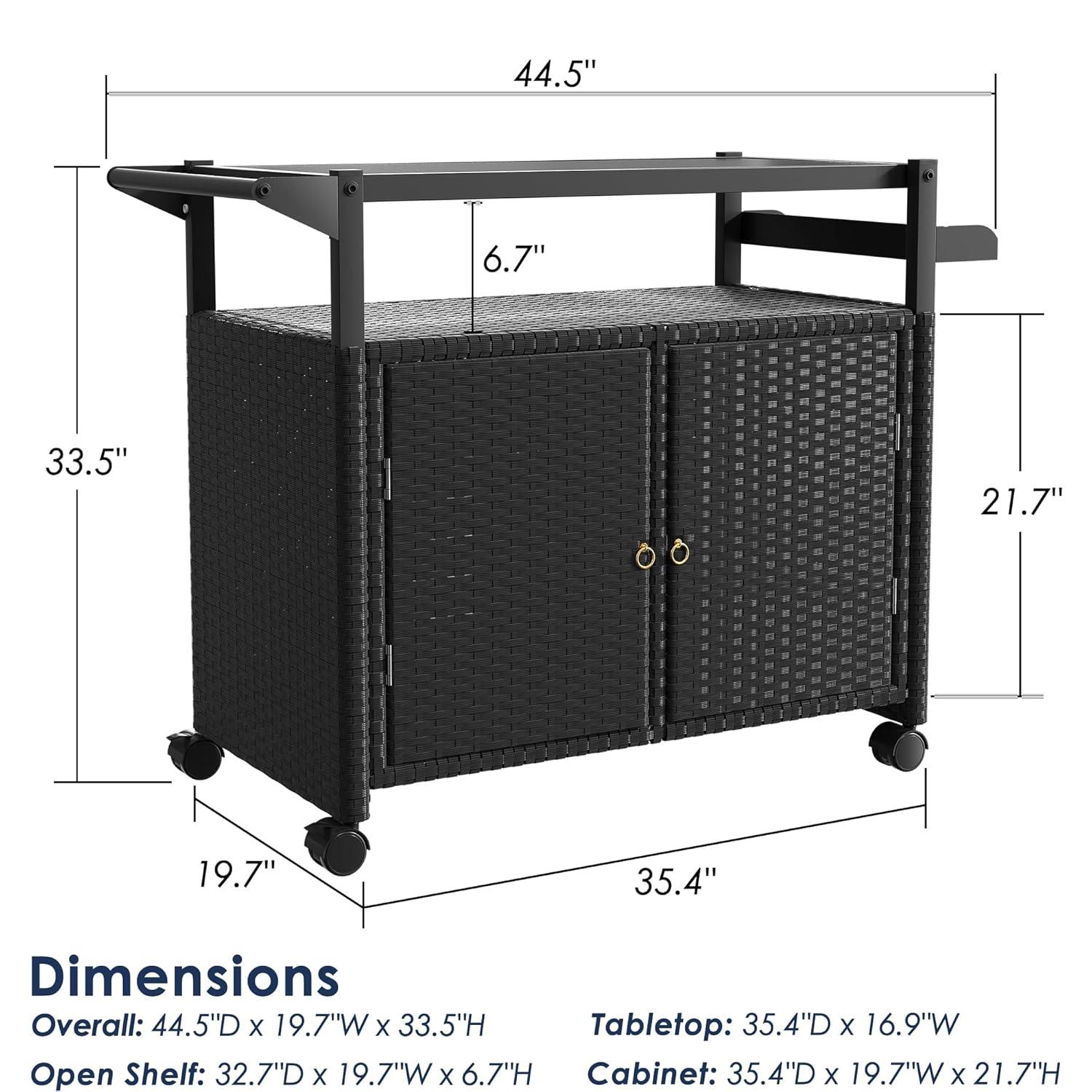Xilingol Outdoor Bar Table, Wicker Bar Cart with Cabinet, Patio Serving Cart with Tempered Glass Top, Lockable Wheels, Rounded Handle & Side Basket for Garden, Poolside & Backyard, Black