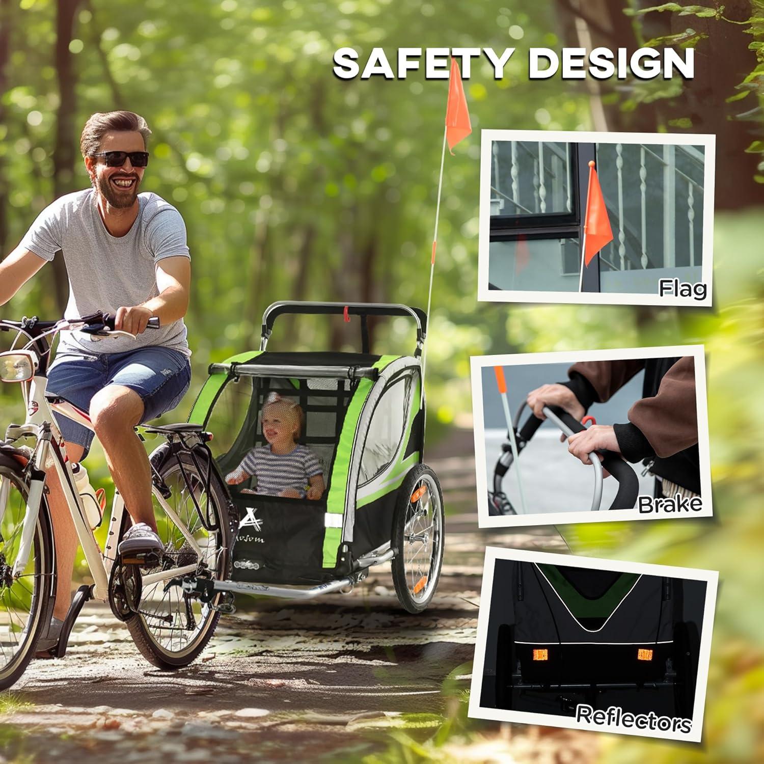 Green and Black 2-in-1 Child Bike Trailer Stroller