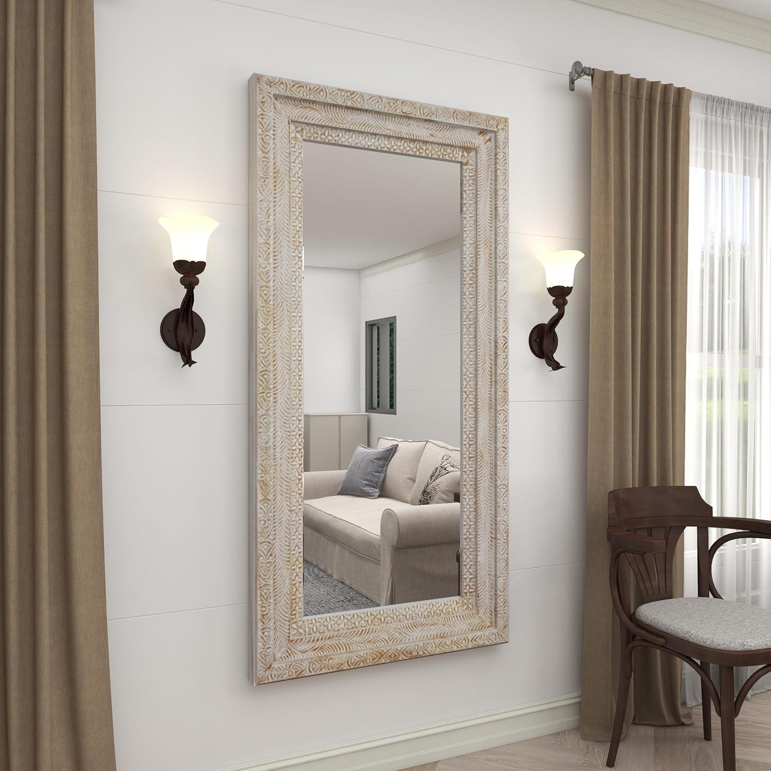 Deco 79 Wood Floral Room Wall Mirror Intricately Carved Entryway Mirror, Wall Mounted Mirror 36" x 3" x 71", Brown