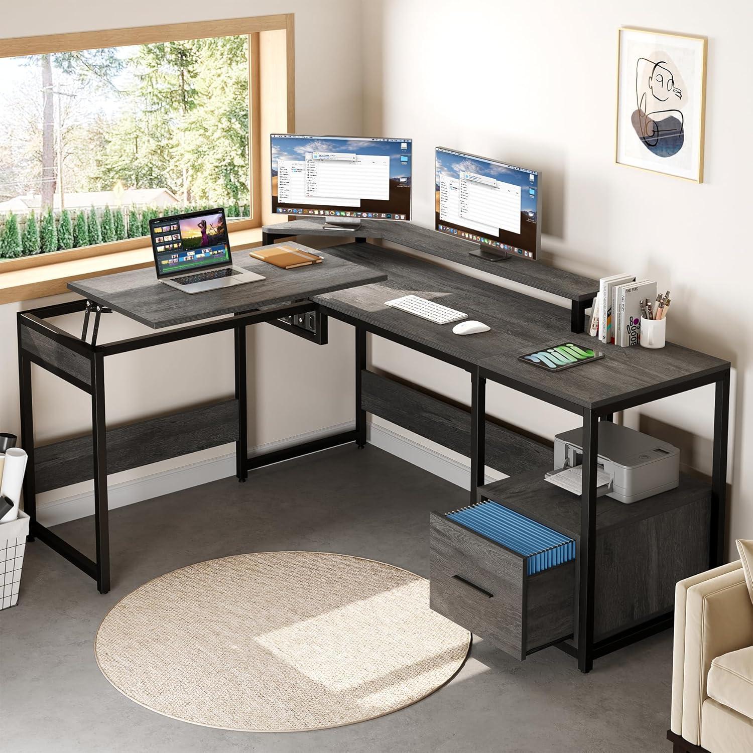 L Shaped Computer Desk with File Drawer, 65" L Shaped Desk with Monitor Stand, Height Adjustable Standing Desk , Gray