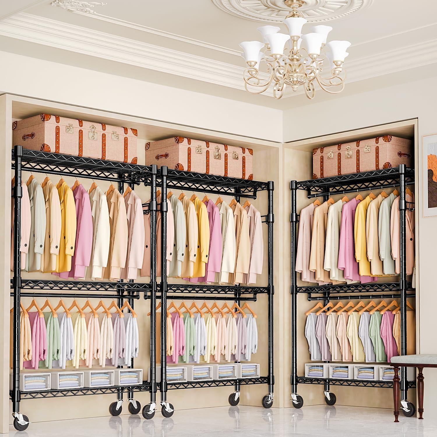 Heavy Duty Clothes Rack Rolling Garment Rack,3 Tier Adjustable Wire Shelving Clothing Racks for Hanging Clothes with Double Rods&Side Hooks,Freestanding Wardrobe Storage Rack Metal Portable Closet