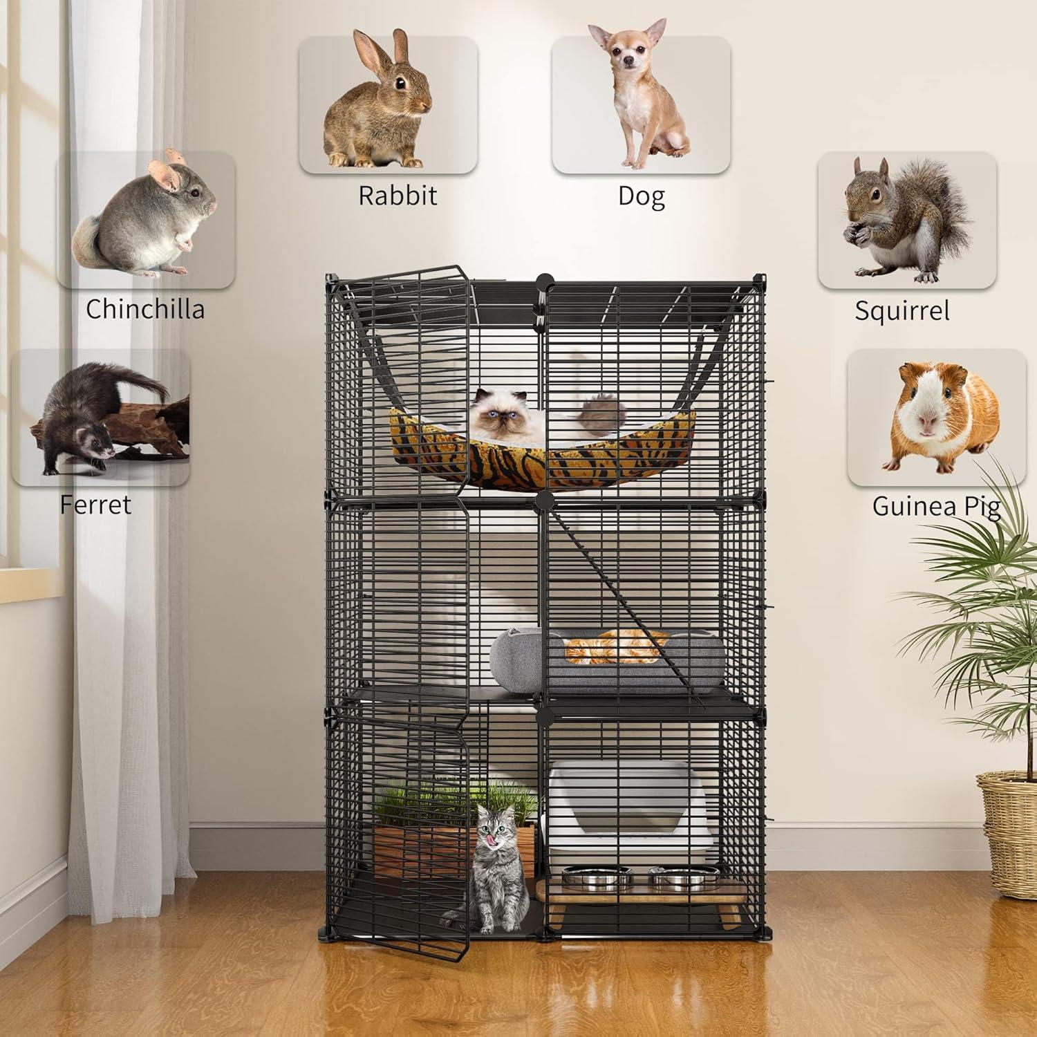 Small Black Metal 3-Level Cat Cage with Hammock