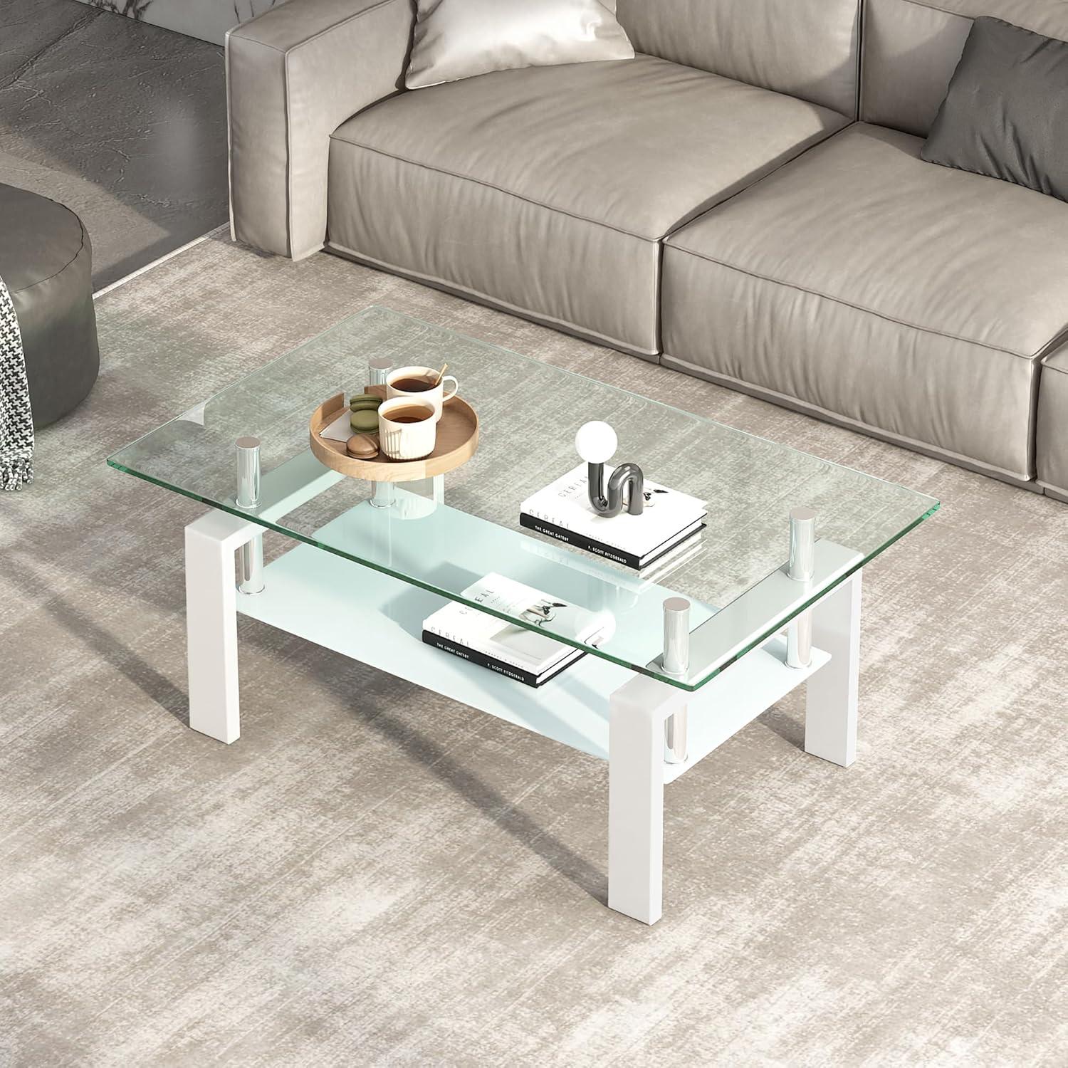 NicBex Modern Rectangular Coffee Table with Tempered Glass Top,2-Layer Glass Center Table for Living Room,Living Room Furniture,White