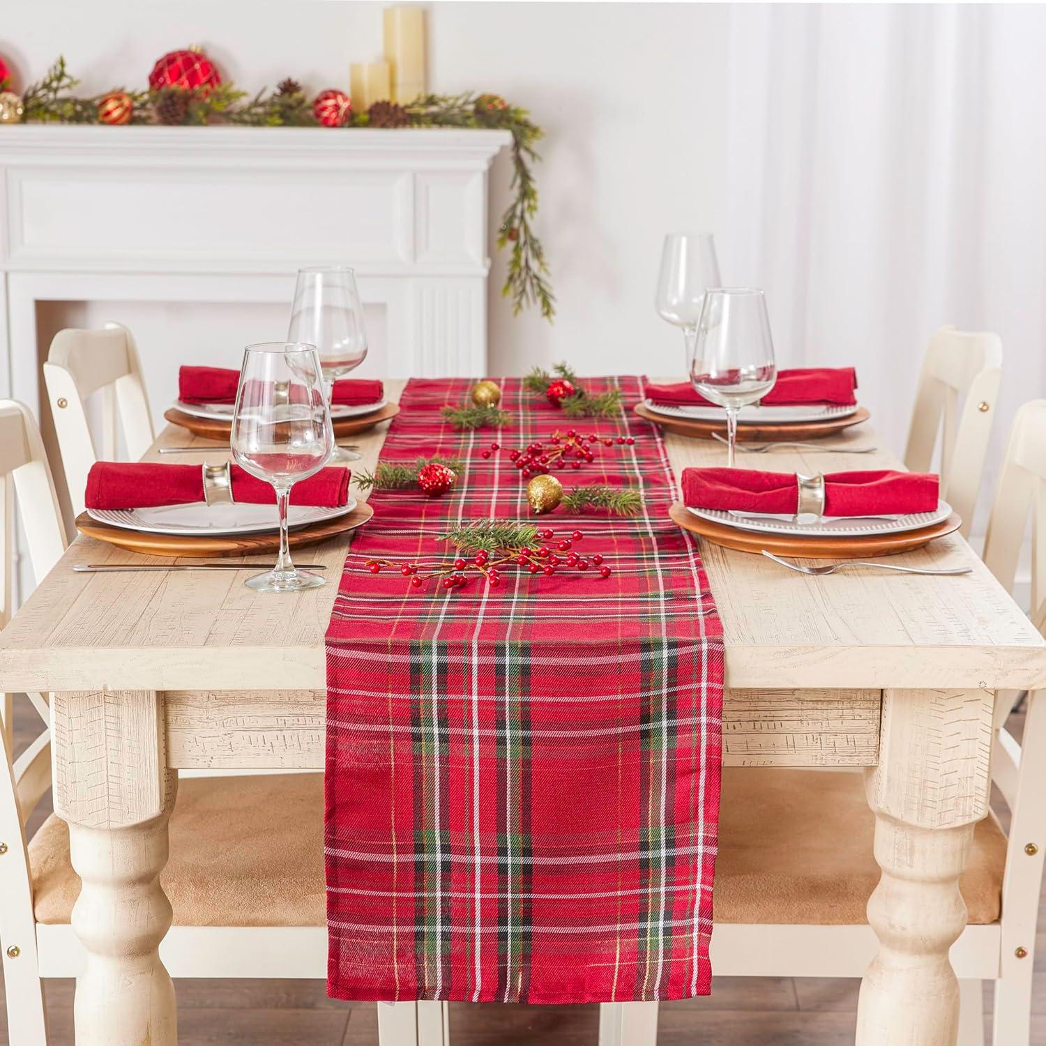 Red Tartan Plaid Holiday Table Runner, 14x72, Polyester