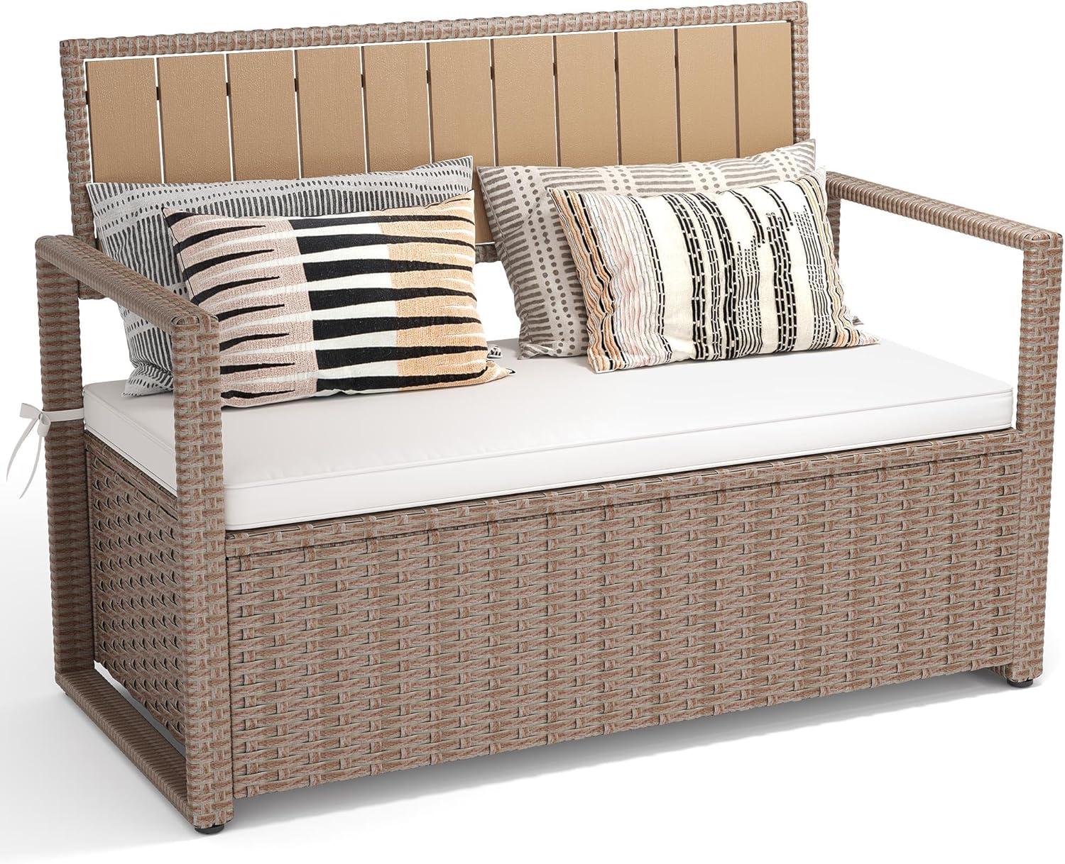 Gray Wicker and Polyethylene Outdoor Storage Bench with Cushion