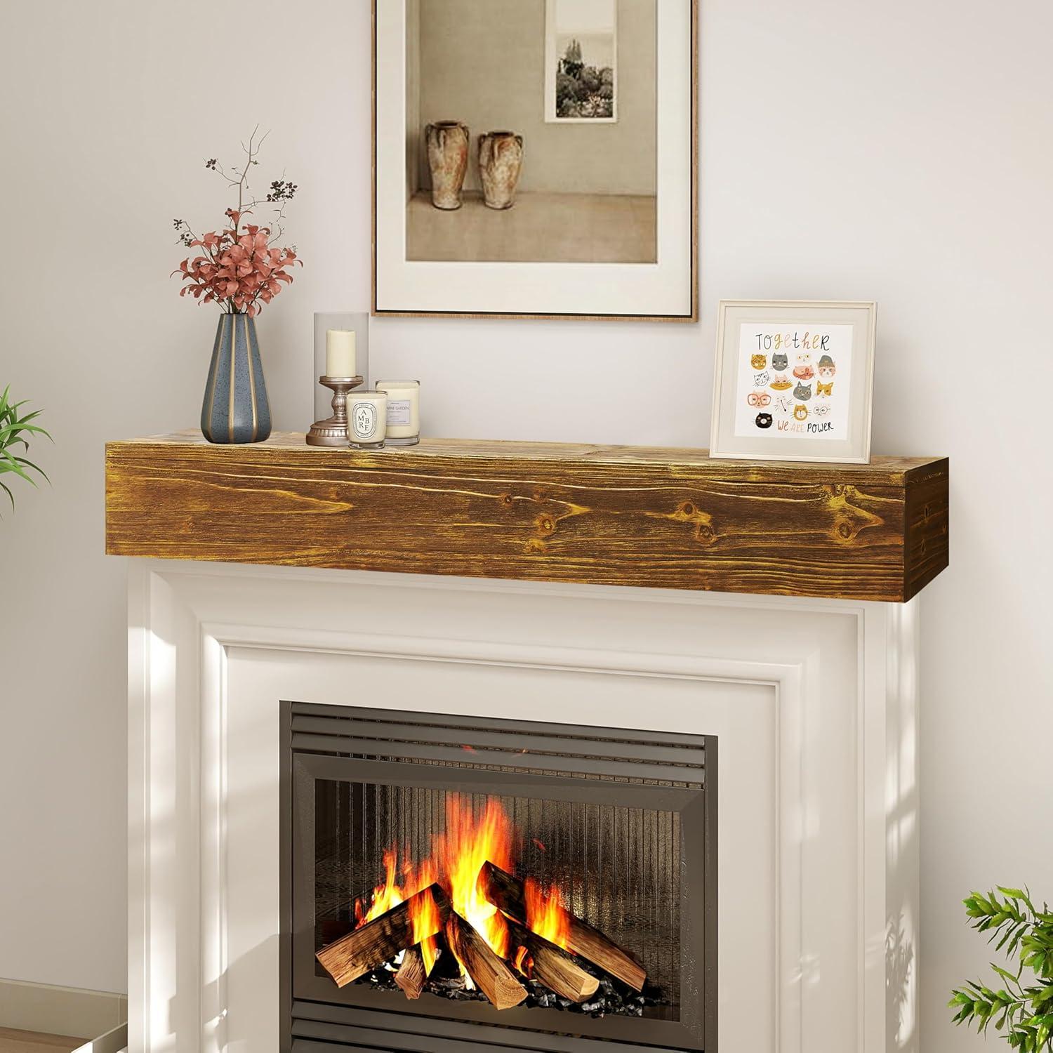 60" Rustic Wood Fireplace Mantel | Wall-Mounted & Floating Shelf for Home Decor