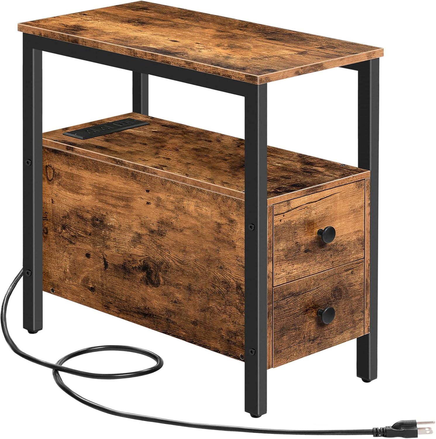 HOOBRO End Table with Charging Station, Narrow Side Table with 2 Drawer & USB Ports & Power Outlets, Nightstand for Small Spaces, for Living Room, Bedroom, Rustic Brown and Black BF541BZ01