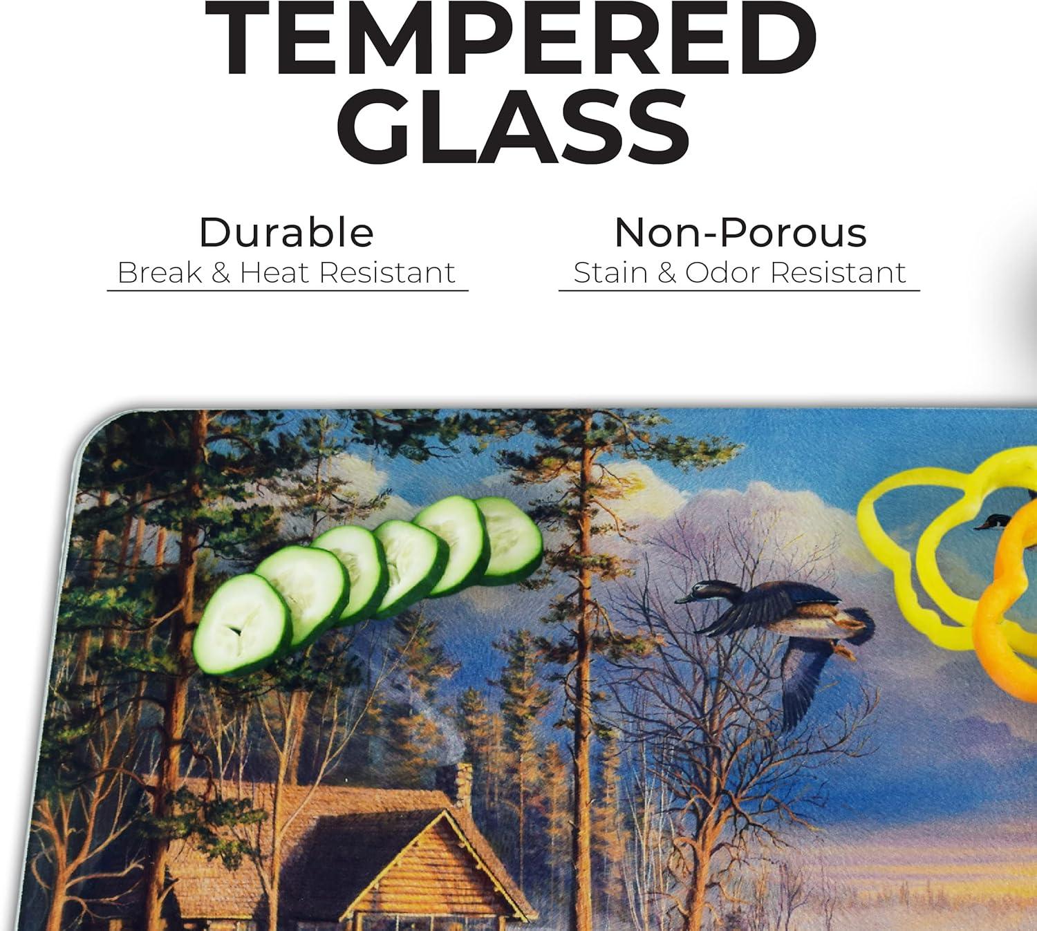 Rivers Edge Products Large 12in x 16in Decorative Tempered Glass Cutting Board, Hypoallergenic, Non Slip, Textured Surface Chopping Board for Kitchen, Cabin in the Woods, Spring Arrivals