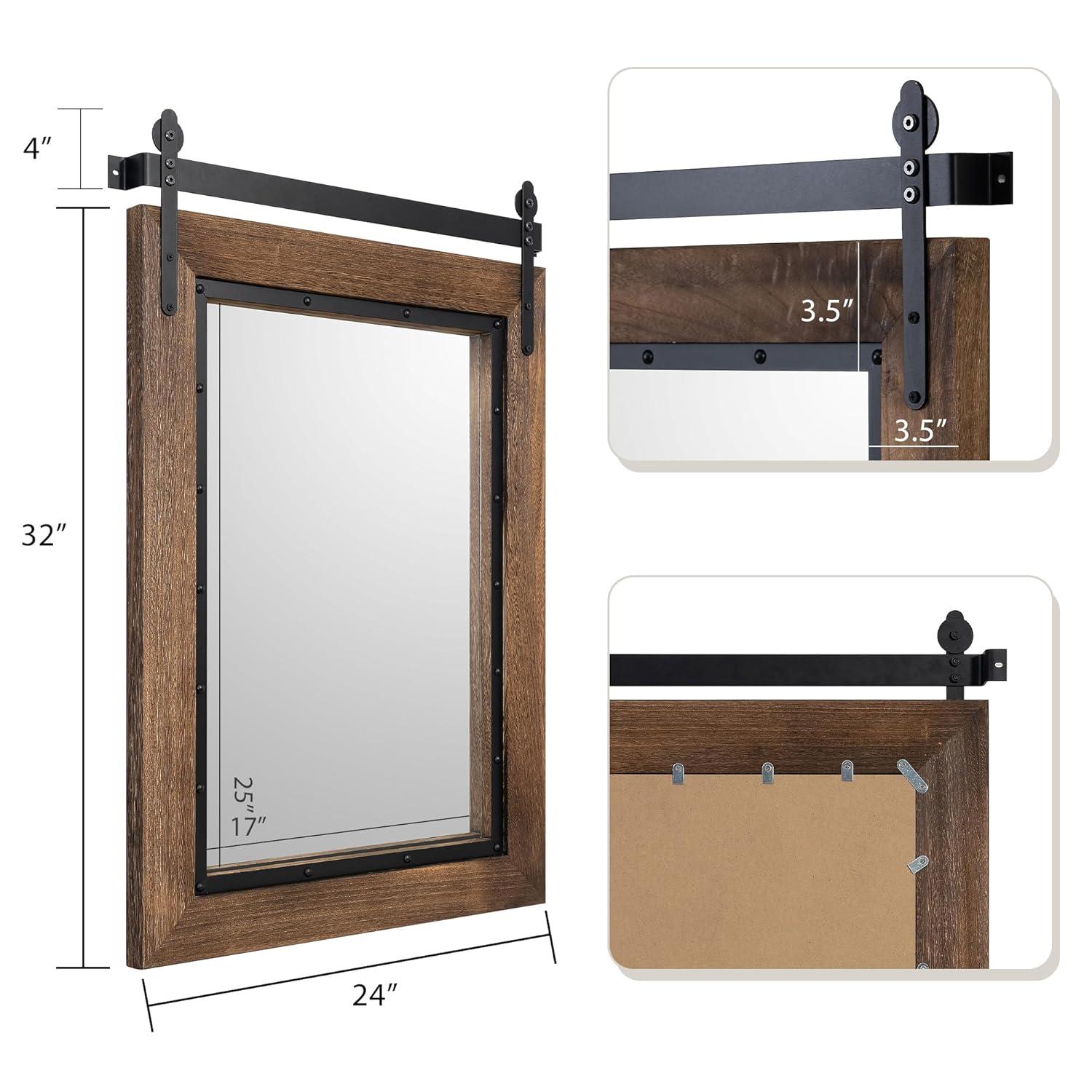 COSMOGO Farmhouse Barn Door Style Natural Wood Bathroom Vanity Wall Mirror 24"x32"
