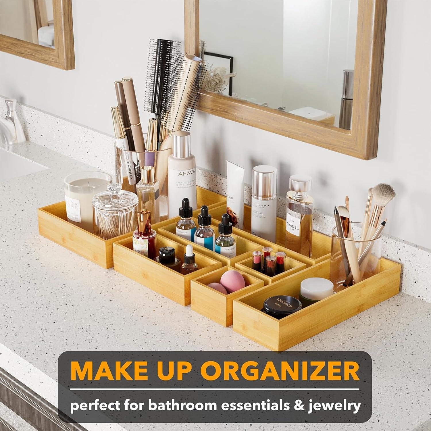 7-Piece Bamboo Drawer Organizer Set – Multi-Use Divider Bins for Kitchen, Bathroom, Office, and Makeup Storage, Natural