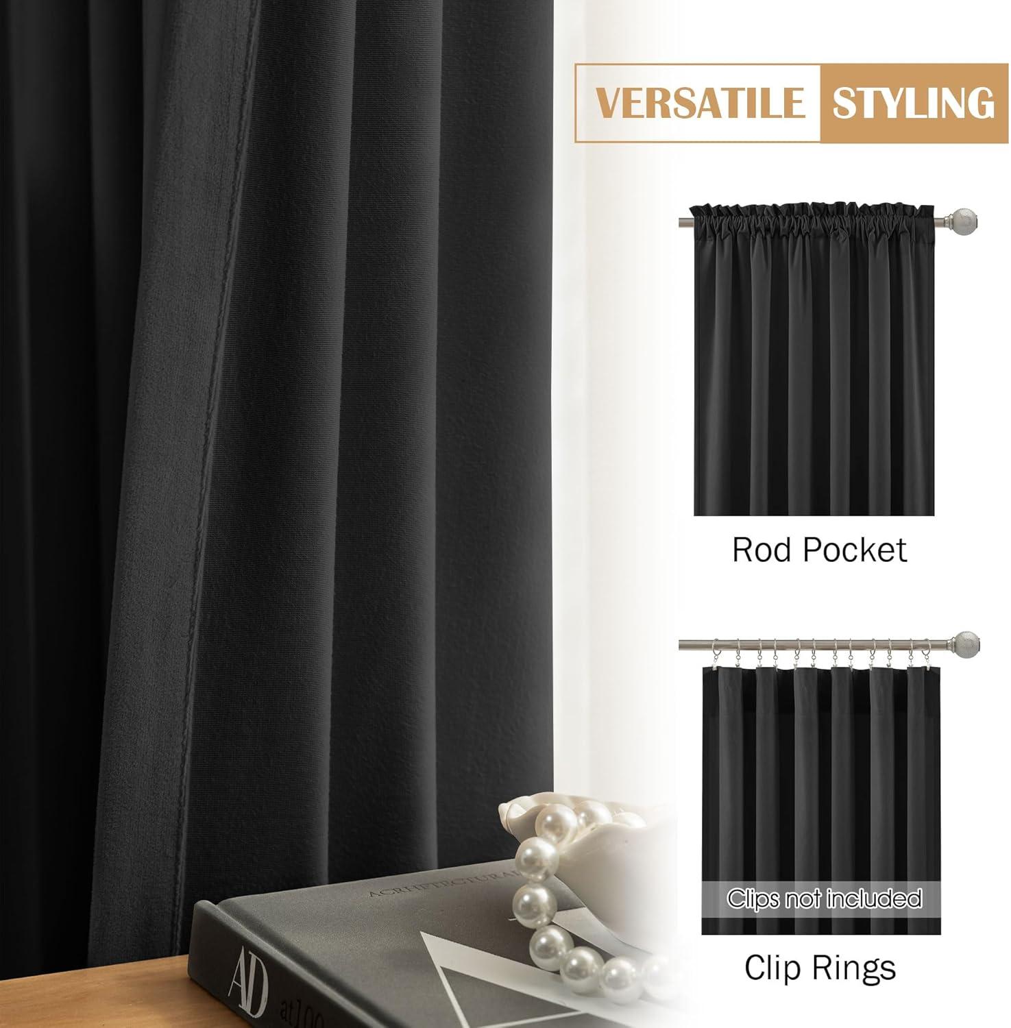 JIUZHEN Black Velvet Curtains for Living Room -96 inches Long Rod Pocket Thermal Insulated Room Darkening Window Drapes for Bedroom, Set of 2 Panels with Tiebacks, 52 x 96 inches