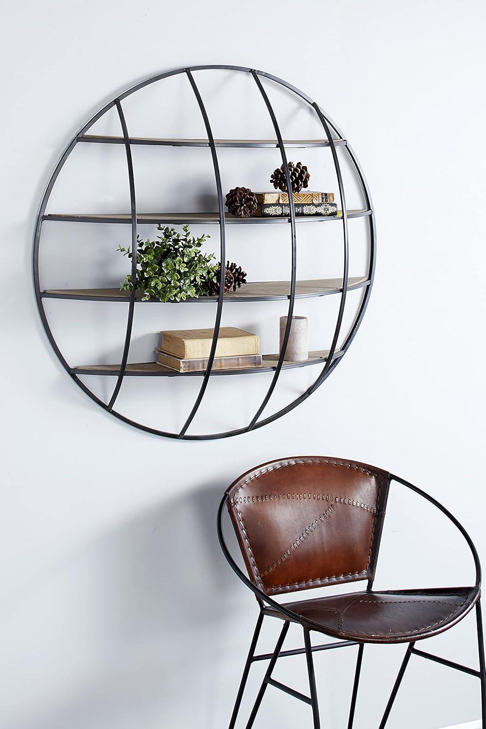 Rustic Iron and Wood 36" Geometric Round Floating Wall Shelf