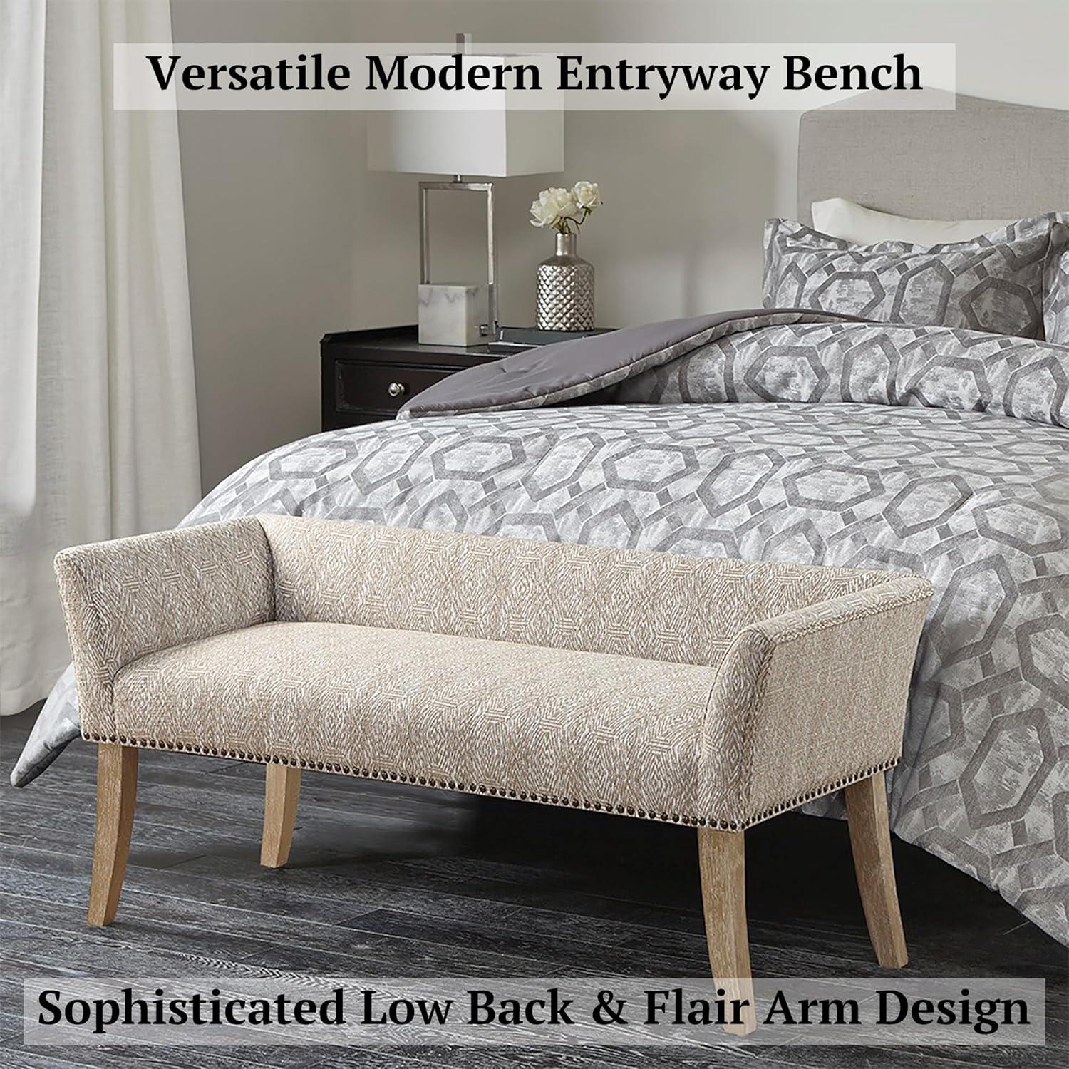 Madera Accent Bench Taupe: Madison Park, Rectangle, Nailhead Trim, Polyester Upholstery, Wood Legs