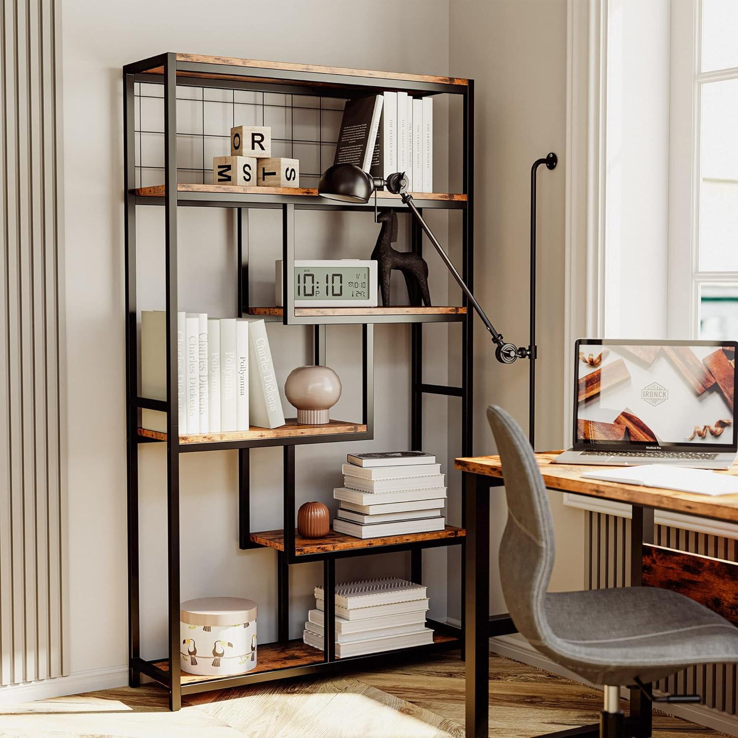 Vintage Brown 6-Tier Geometric Industrial Bookcase with Open Back