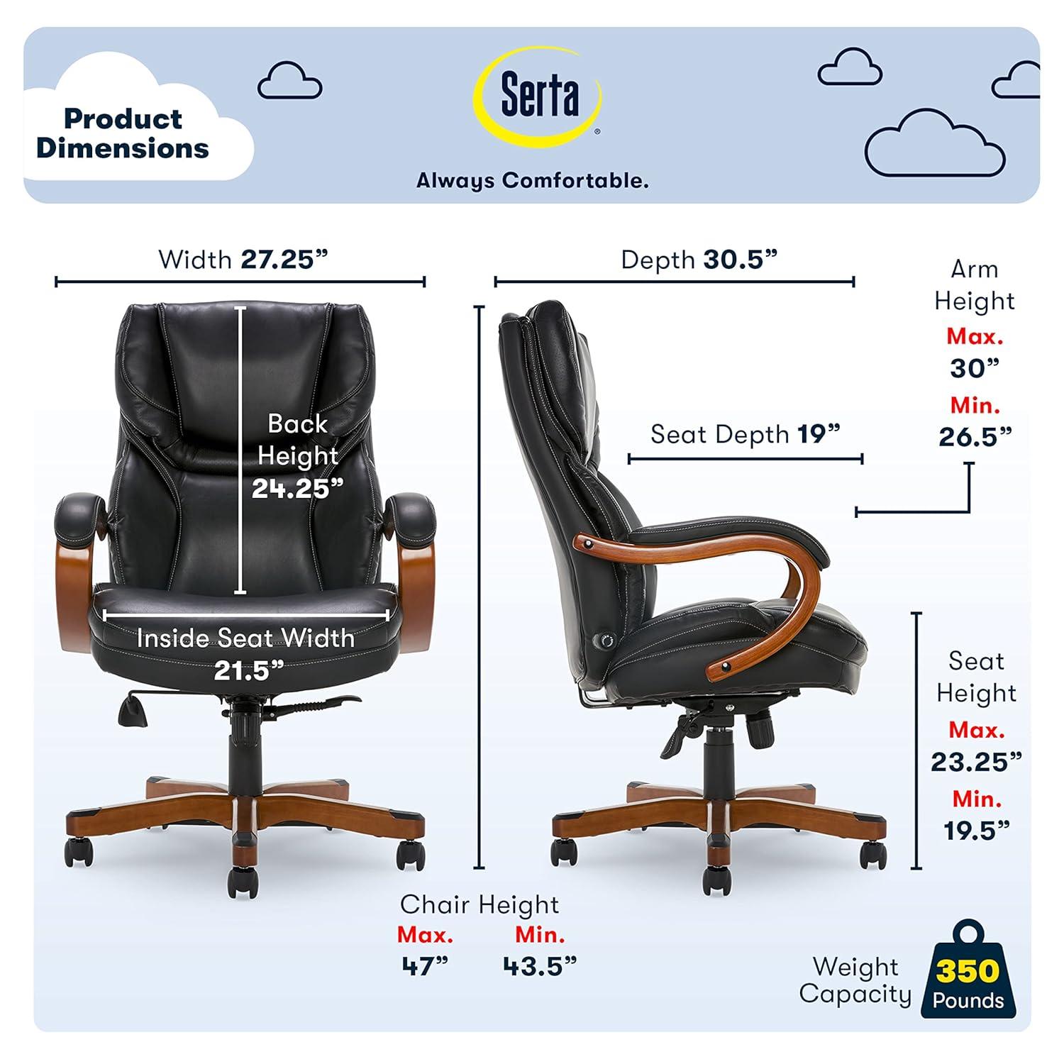 Executive Office Chair in Black Bonded Leather - Serta: High-Density Foam, Fixed Arms, Wood Frame