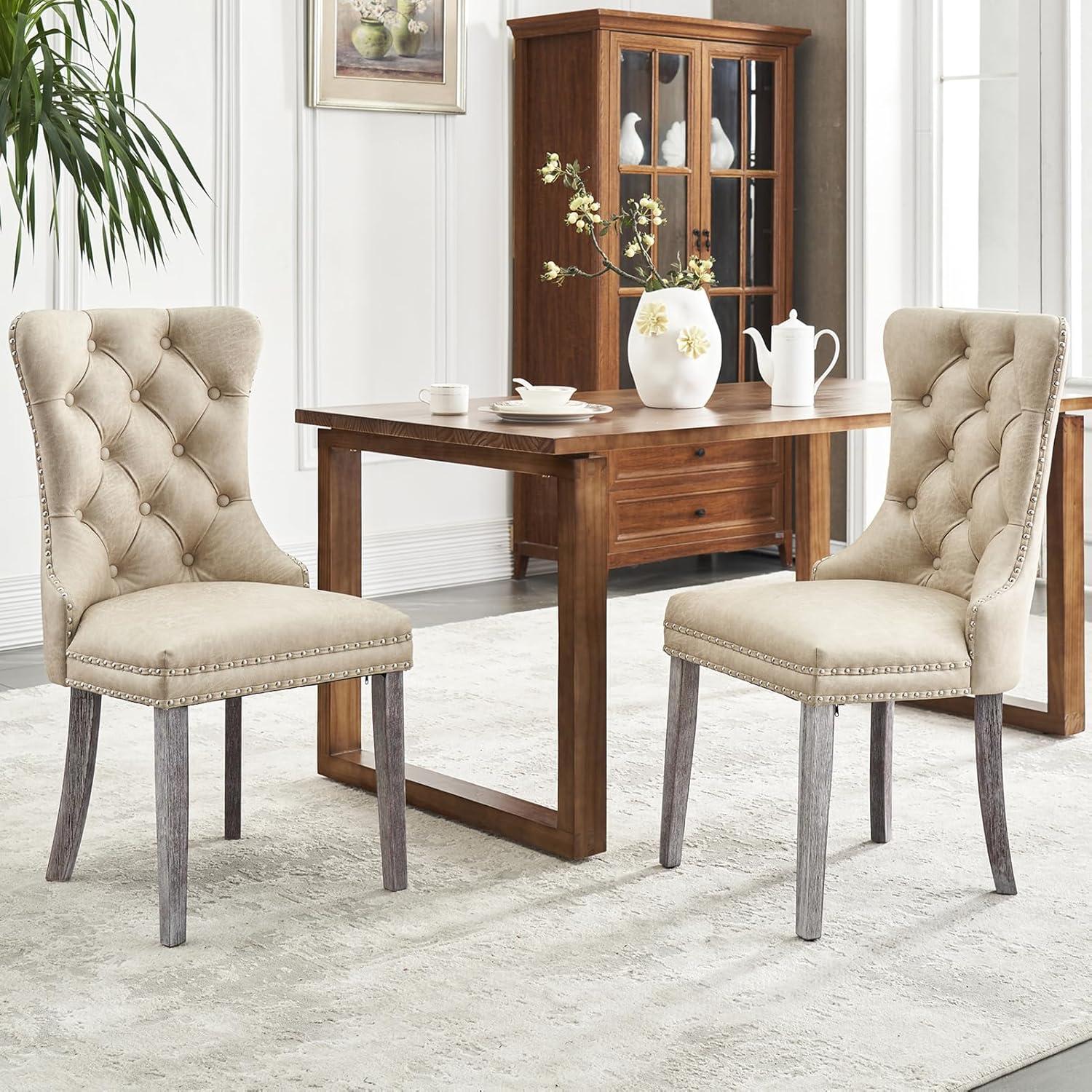 BELLEZE Upholstered Dining Chairs Set of 2, Velvet Luxury Dining Room Chairs with Button Back, Nailhead Trim, Pull-ring, Solid Wood Legs for Kitchen, Living Room, Restaurant - Chandler (Beige)