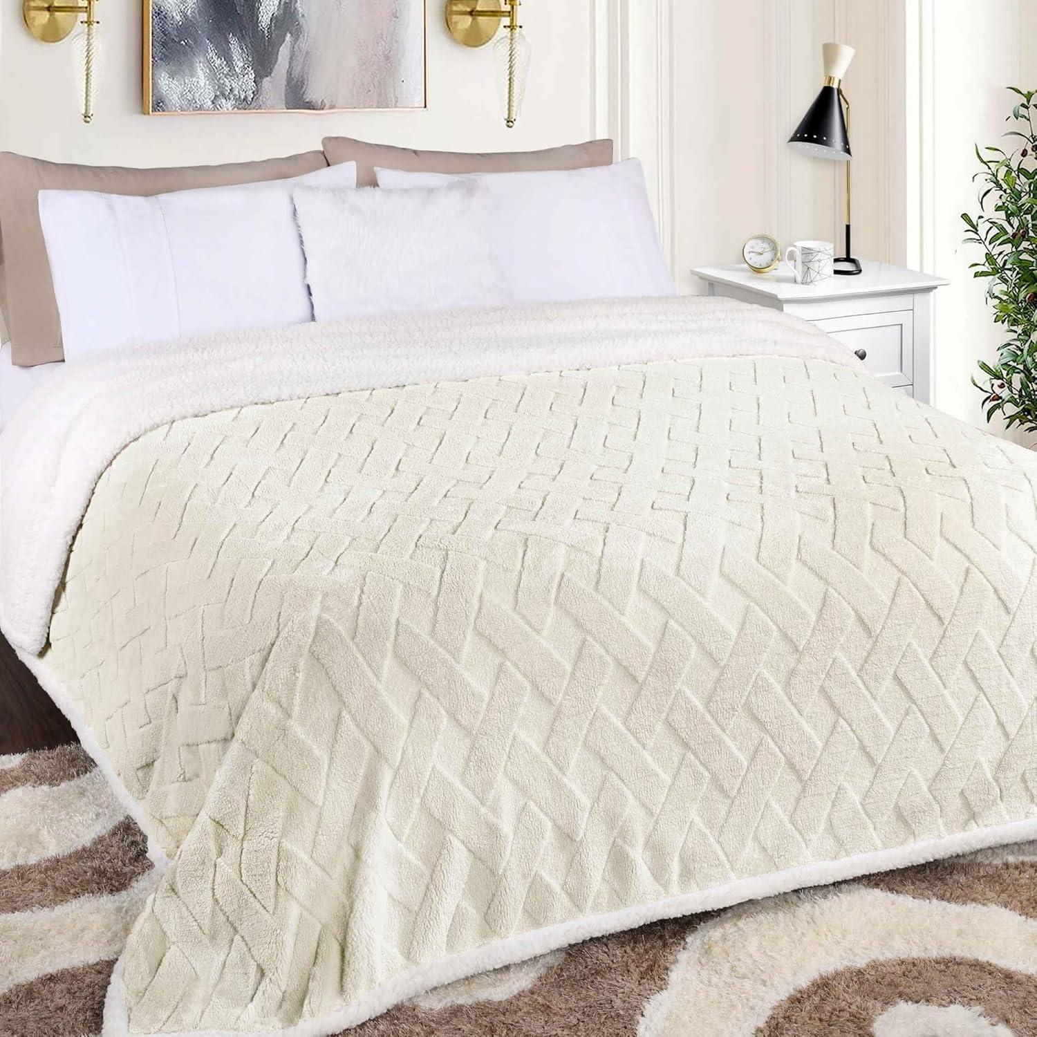 Ivory Full/Queen Reversible Fleece Sherpa Blanket