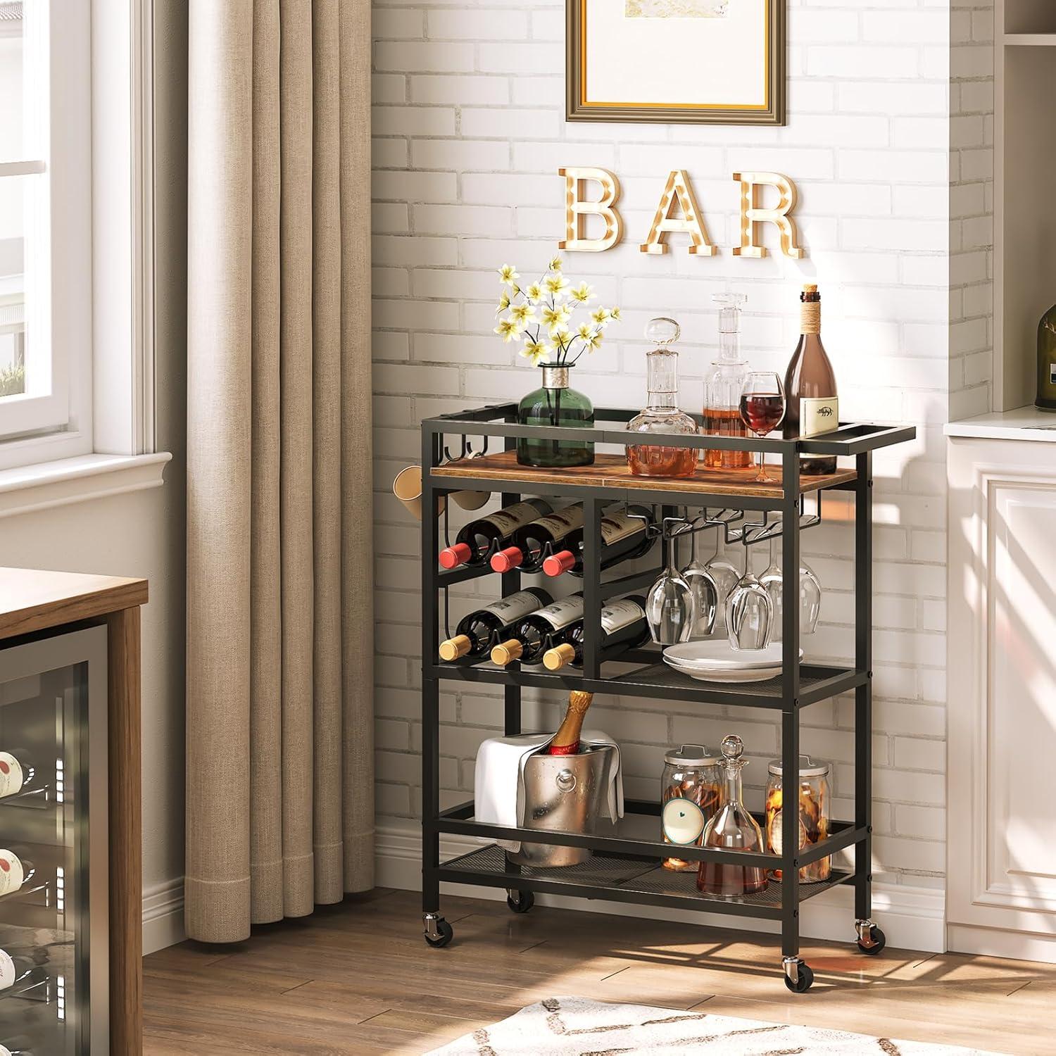 Rustic Brown 3-Tier Bar Cart with Wine Rack and Glass Holders