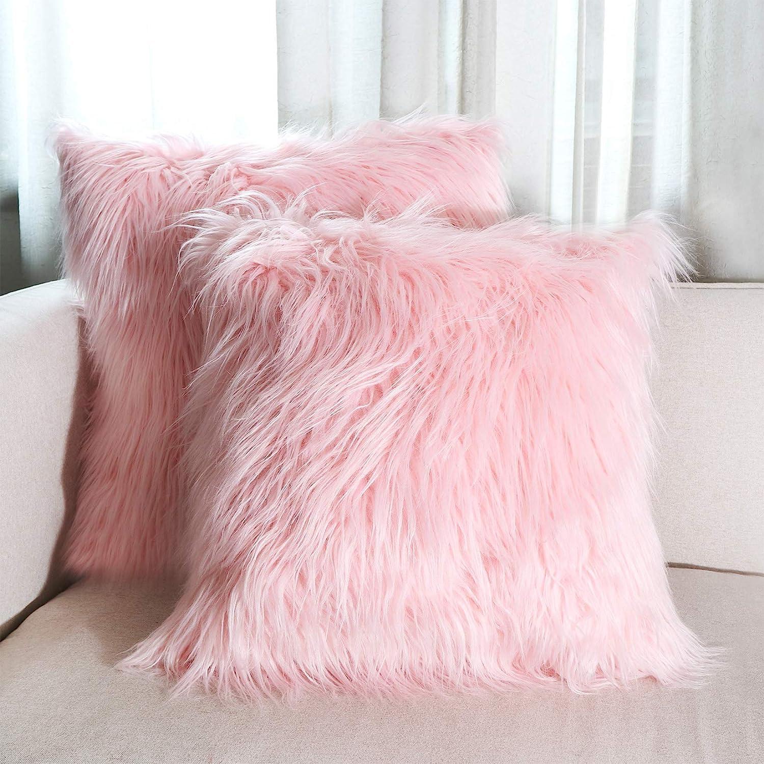 Set of 2 Fluffy Pillow Covers New Luxury Series Merino Style Blush Faux Fur Decorative Throw Pillow Covers Square Fuzzy Cushion Case 18x18 Inch