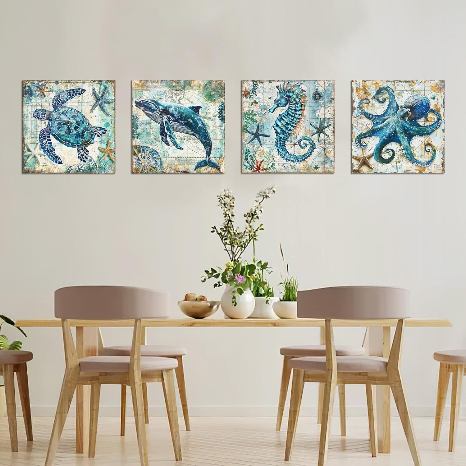 Blue Ocean Animal Canvas Painting Set with Wooden Frame, 12x12 inches, 4 Pieces