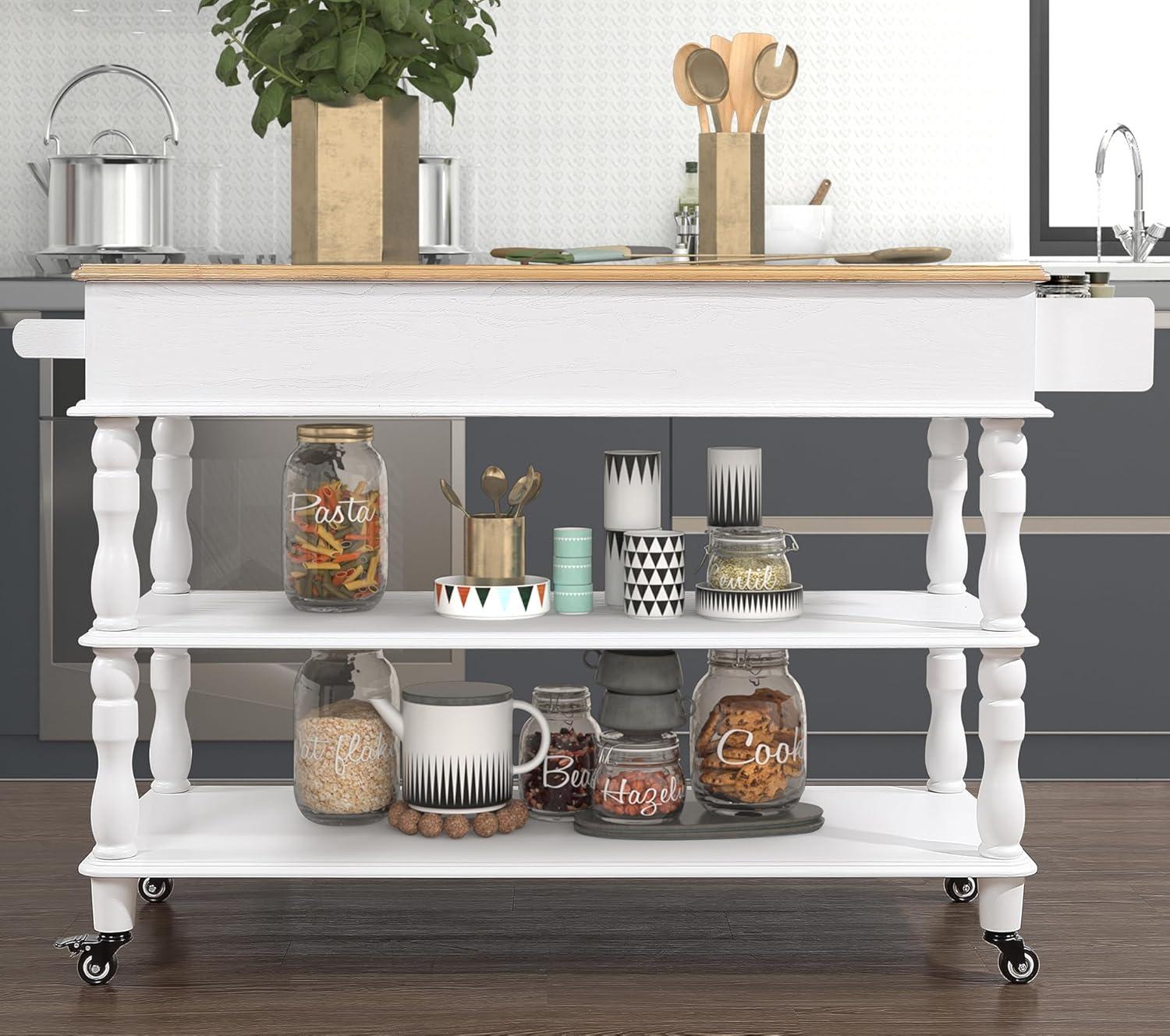 White Solid Oak Wood Kitchen Cart with Spice Rack and Storage